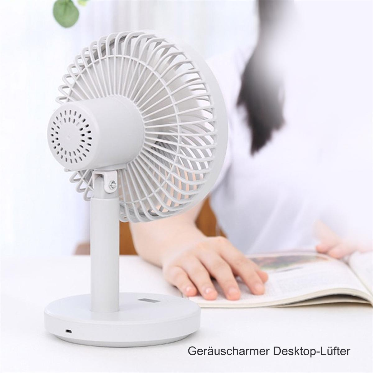 Weißer Schreibtischventilator auf einem Tisch. Die Hand einer Person liegt auf einem Buch. Text.