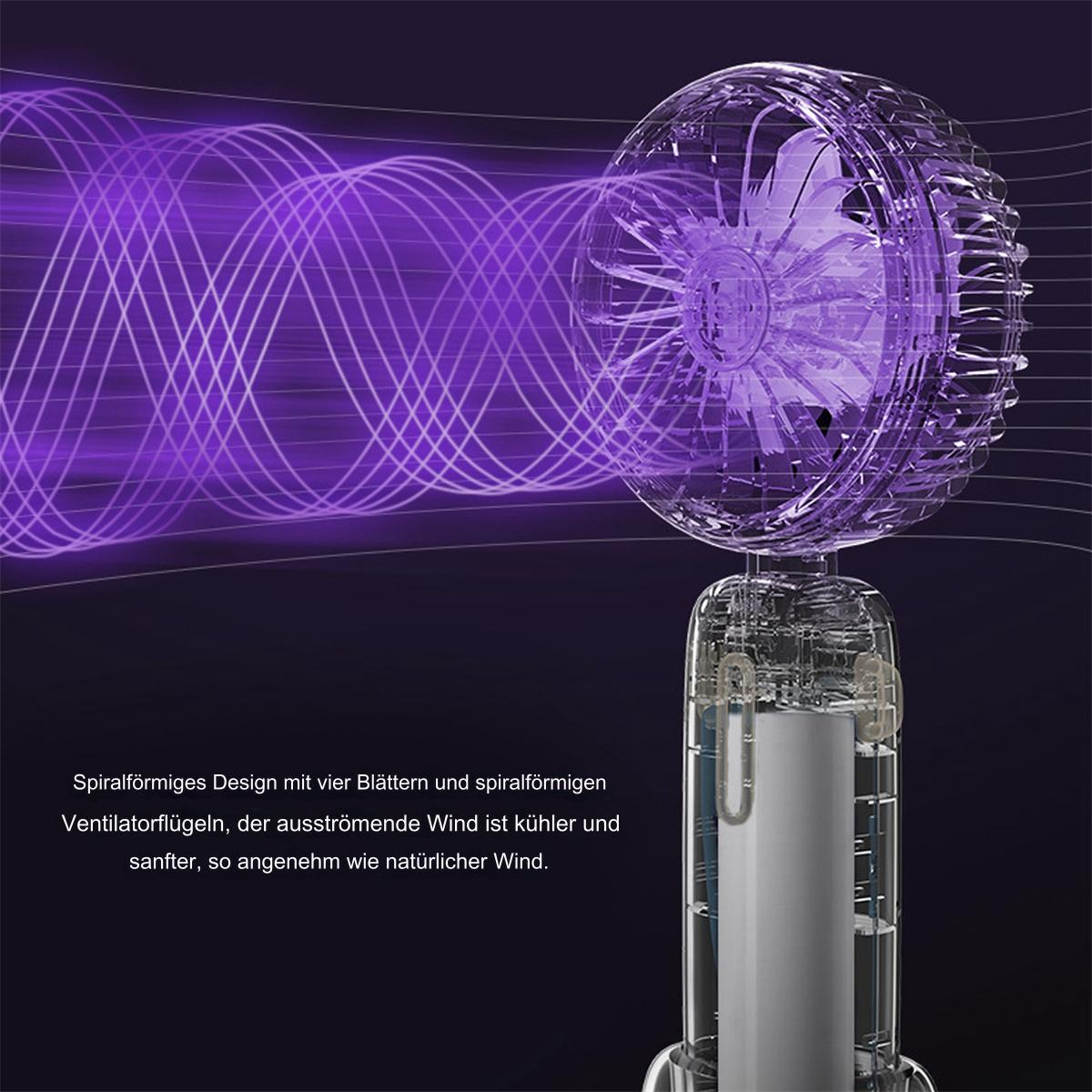 Ein transparenter Ventilator mit violetten Wellen. Der Ventilator steht auf einem weißen Sockel. Text ist unten links.