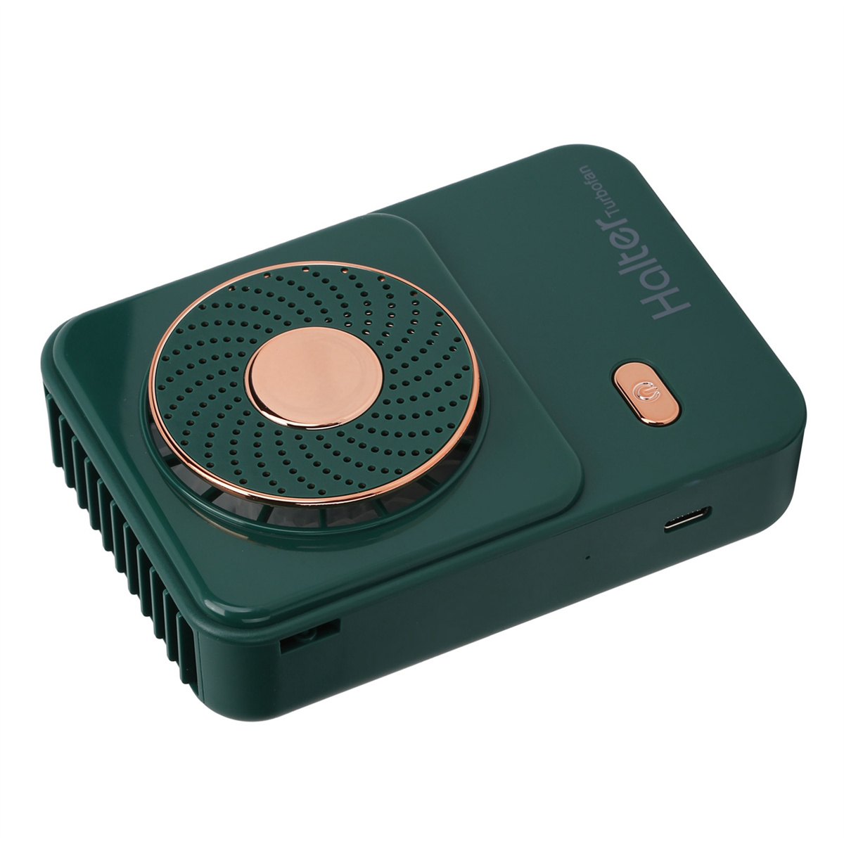 Ein kleiner grüner tragbarer Ventilator mit goldfarbenem Zentrum und Knopf.