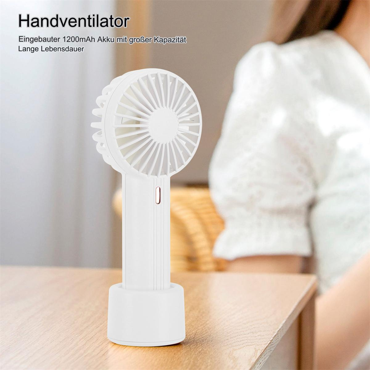 Weißer Handventilator auf einer Ladestation.