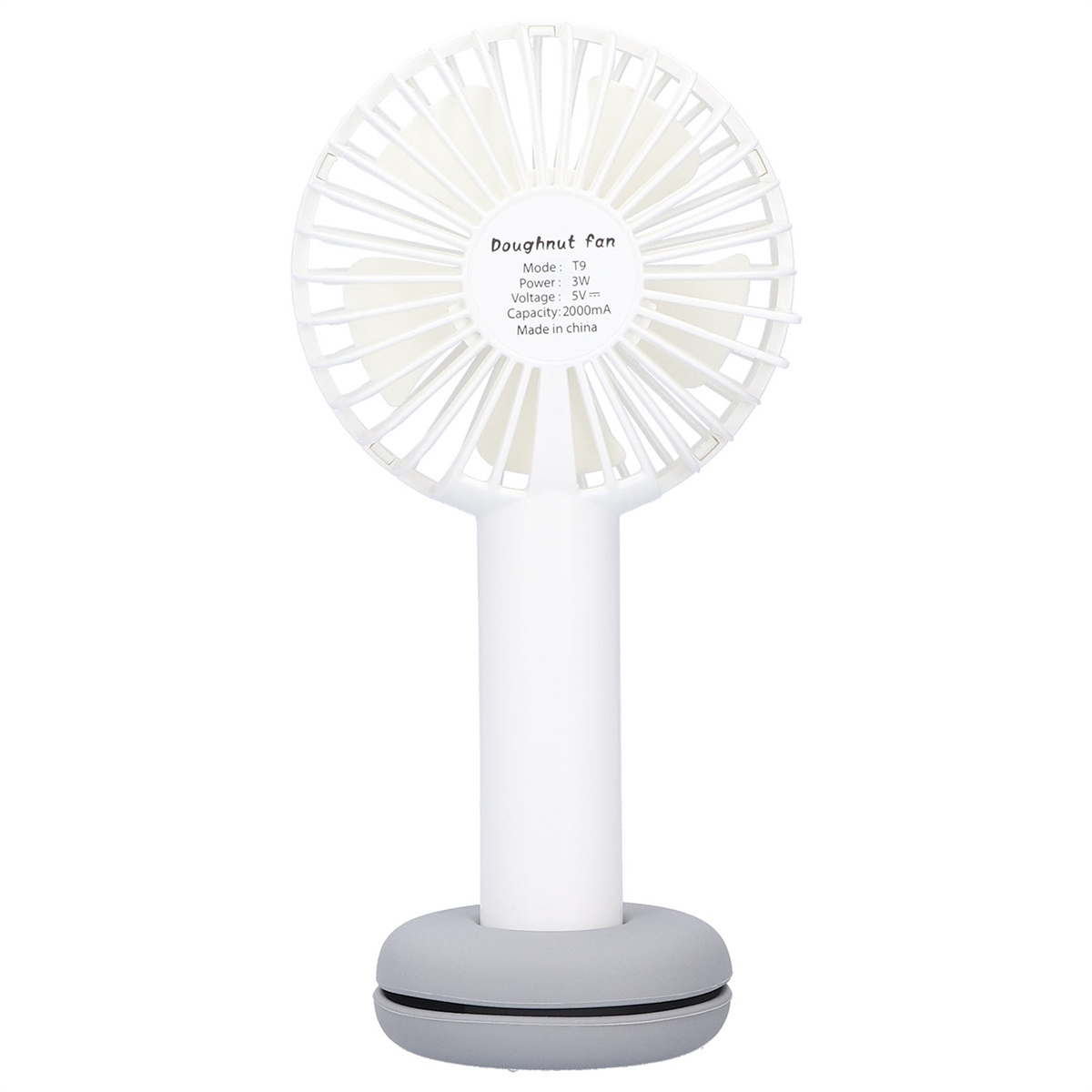 Ein weißer und grauer Donut-Ventilator mit einem Ständer.