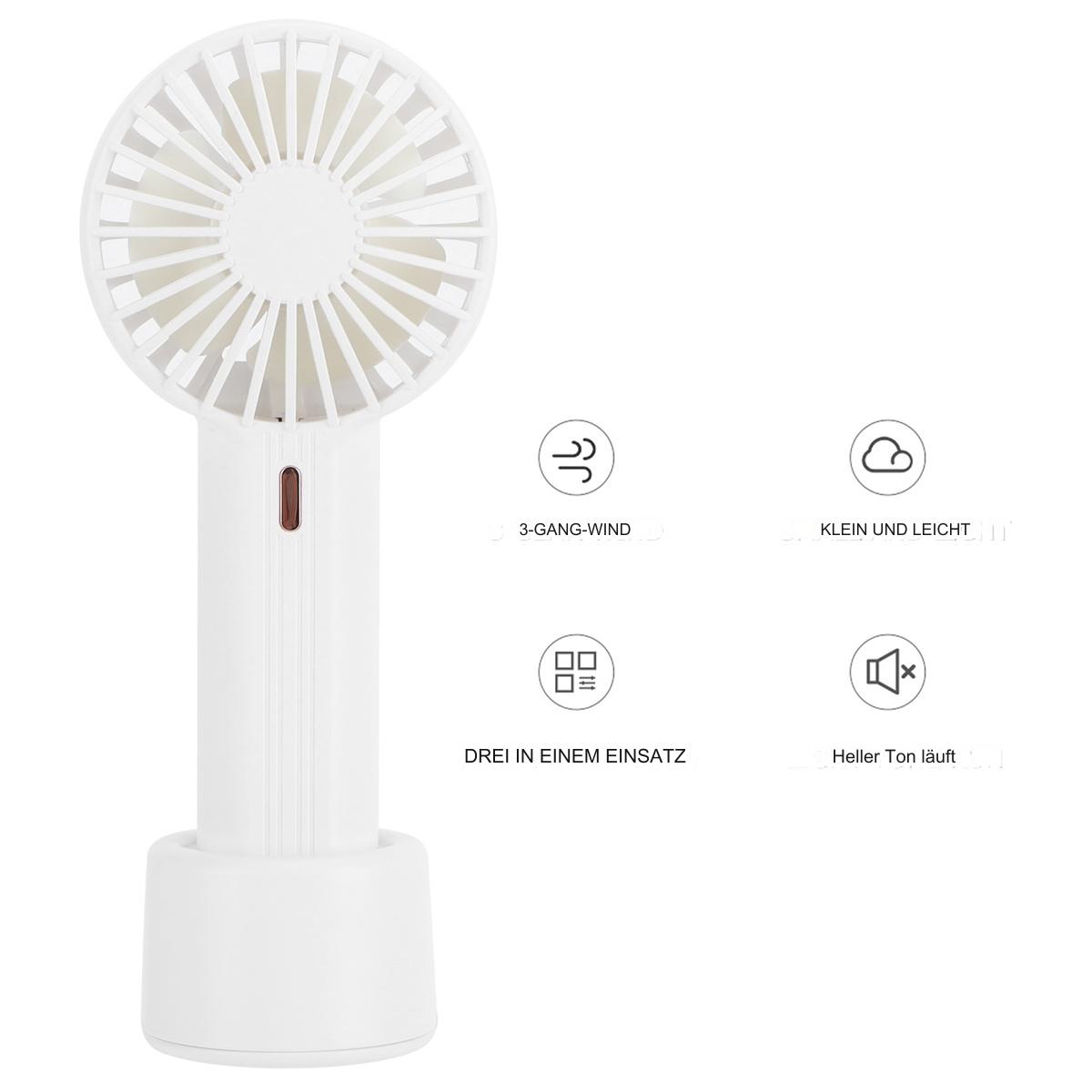 Weißer Handventilator mit Sockel. Symbole für Windstärken werden angezeigt.