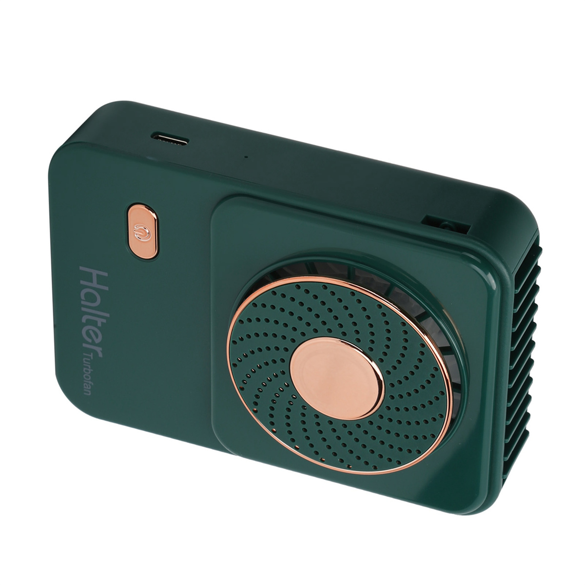 Grüner Handventilator mit goldenen Akzenten und einem Ventil.