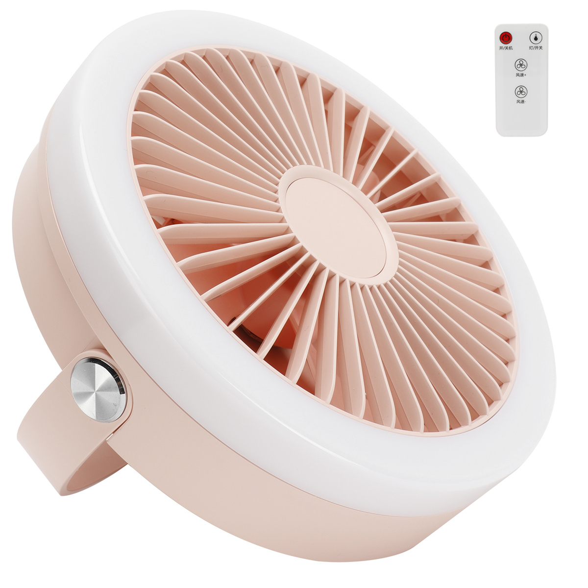 Rosa Ventilator mit Ringlicht. Fernbedienung ist rechts sichtbar.