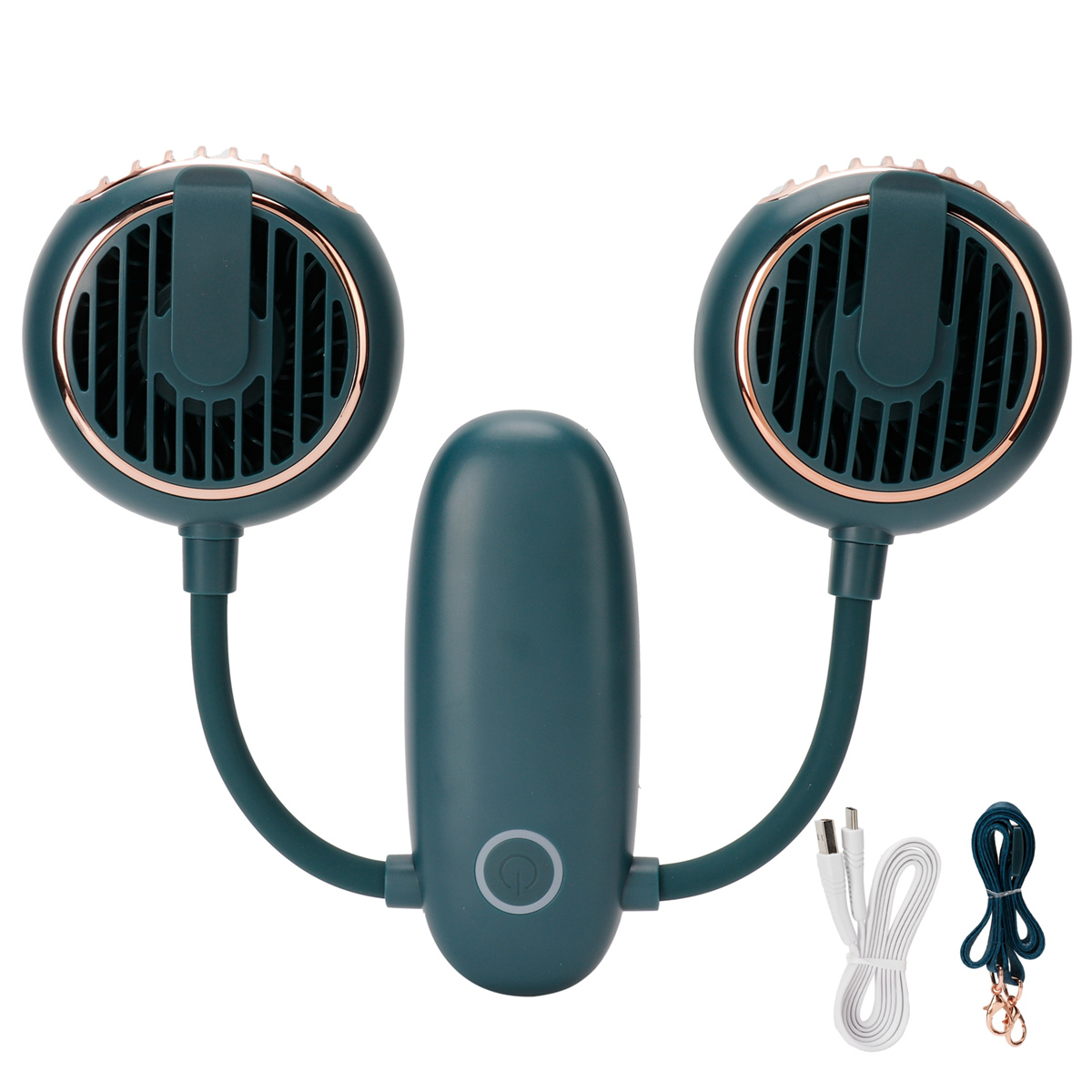 Nackenventilator in Dunkelgrün. Zwei Ventilatoren mit flexiblem Arm verbunden, mit weißem Kabel.