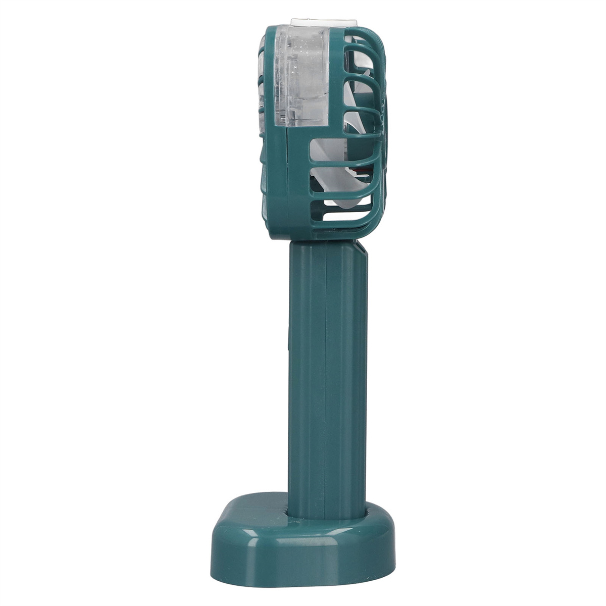 Ein türkisfarbener tragbarer Ventilator auf einem türkisfarbenen Sockel.