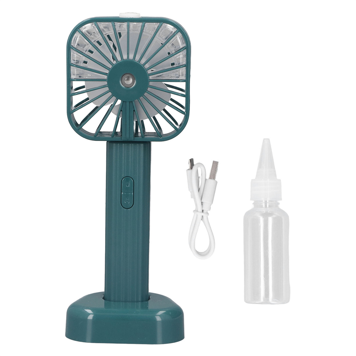 Grüner und weißer tragbarer Mini-Ventilator mit Sprühflasche, Ladekabel und Sockel.