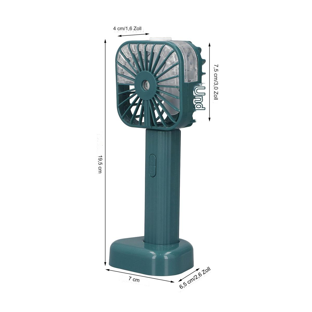 Ein grüner Handventilator mit Abmessungen, einem Knopf und einem Sockel.
