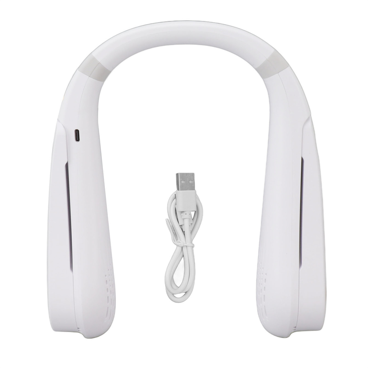 Weißer Nackenventilator mit USB-Kabel. Der Ventilator hat ein U-förmiges Design und einen grauen Akzent.