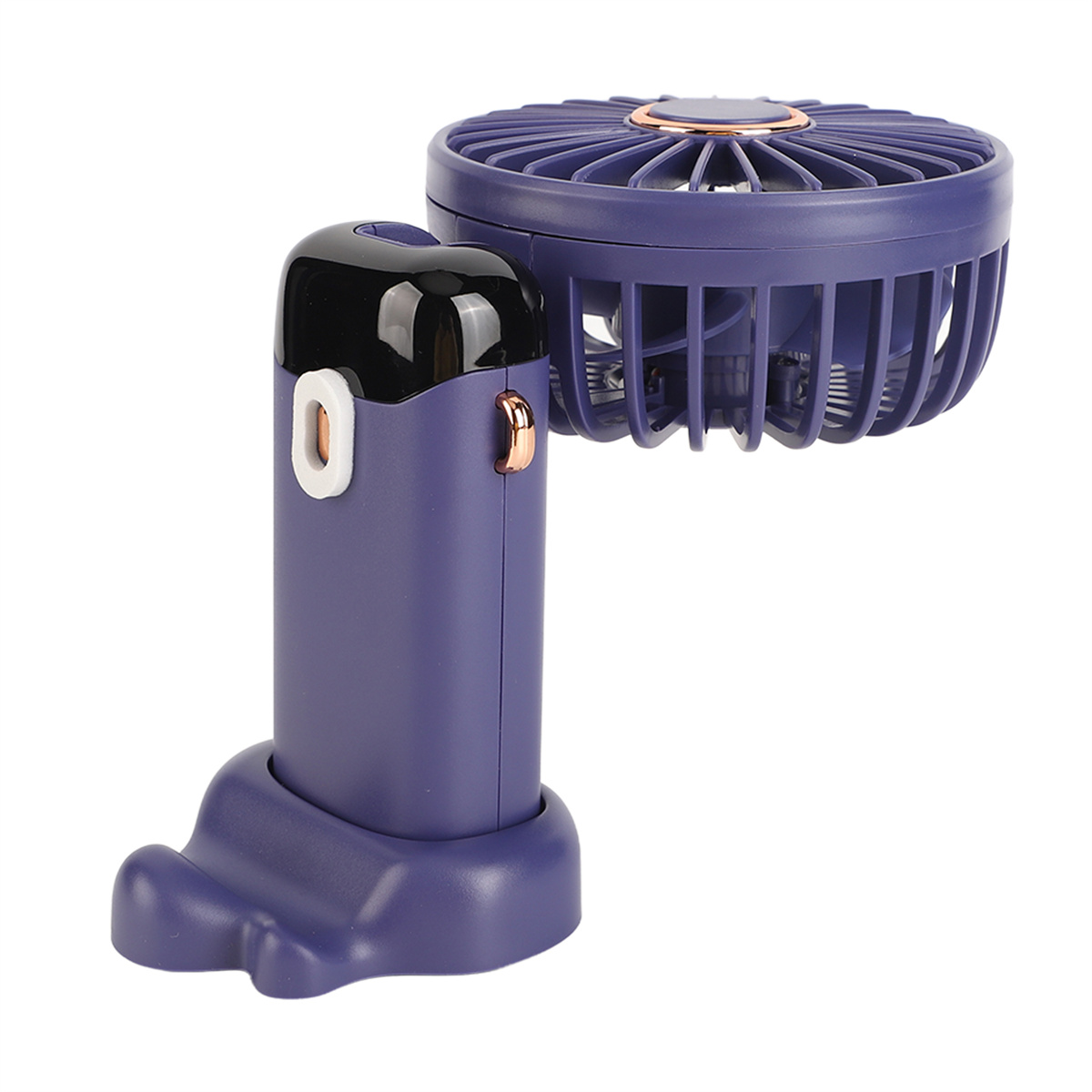 Lila und schwarzer tragbarer Ventilator. Der Ventilator steht.