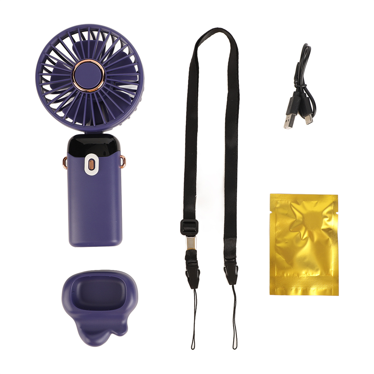 Ein violetter Handventilator mit Zubehör, einschließlich Ladekabel und Tragegurt.