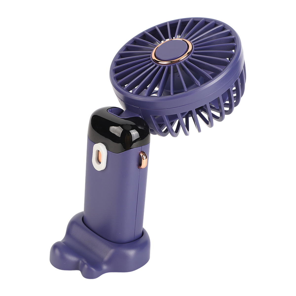 Lila Handventilator mit drehbarem Kopf, goldenen Akzenten und schwarzem Griff/Sockel.