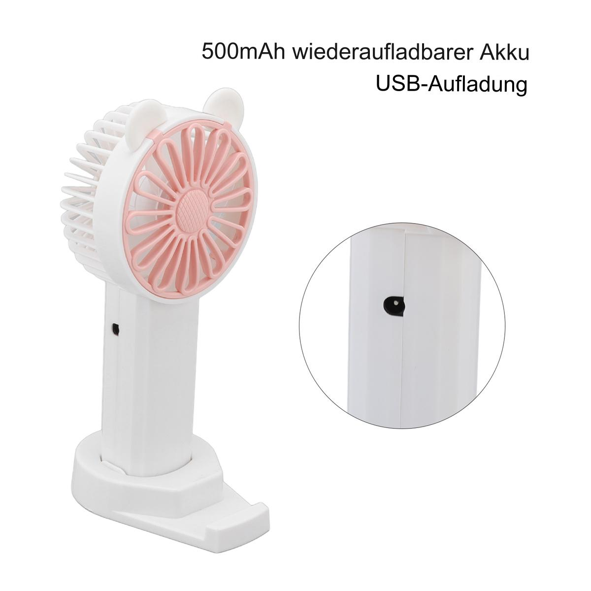 Weißer und rosa Ventilator. Es gibt eine Nahaufnahme des Ladeanschlusses.
