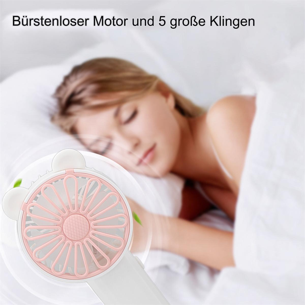 Eine Frau schläft. Ein kleiner rosa Ventilator befindet sich im Vordergrund.