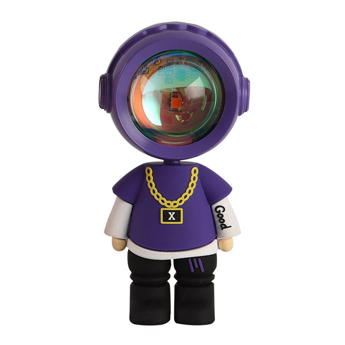 Eine lilafarbene Projektorlampe, die einer menschlichen Figur ähnelt. Sie hat einen lila Kopf, ein lila Hemd und eine schwarze Hose.