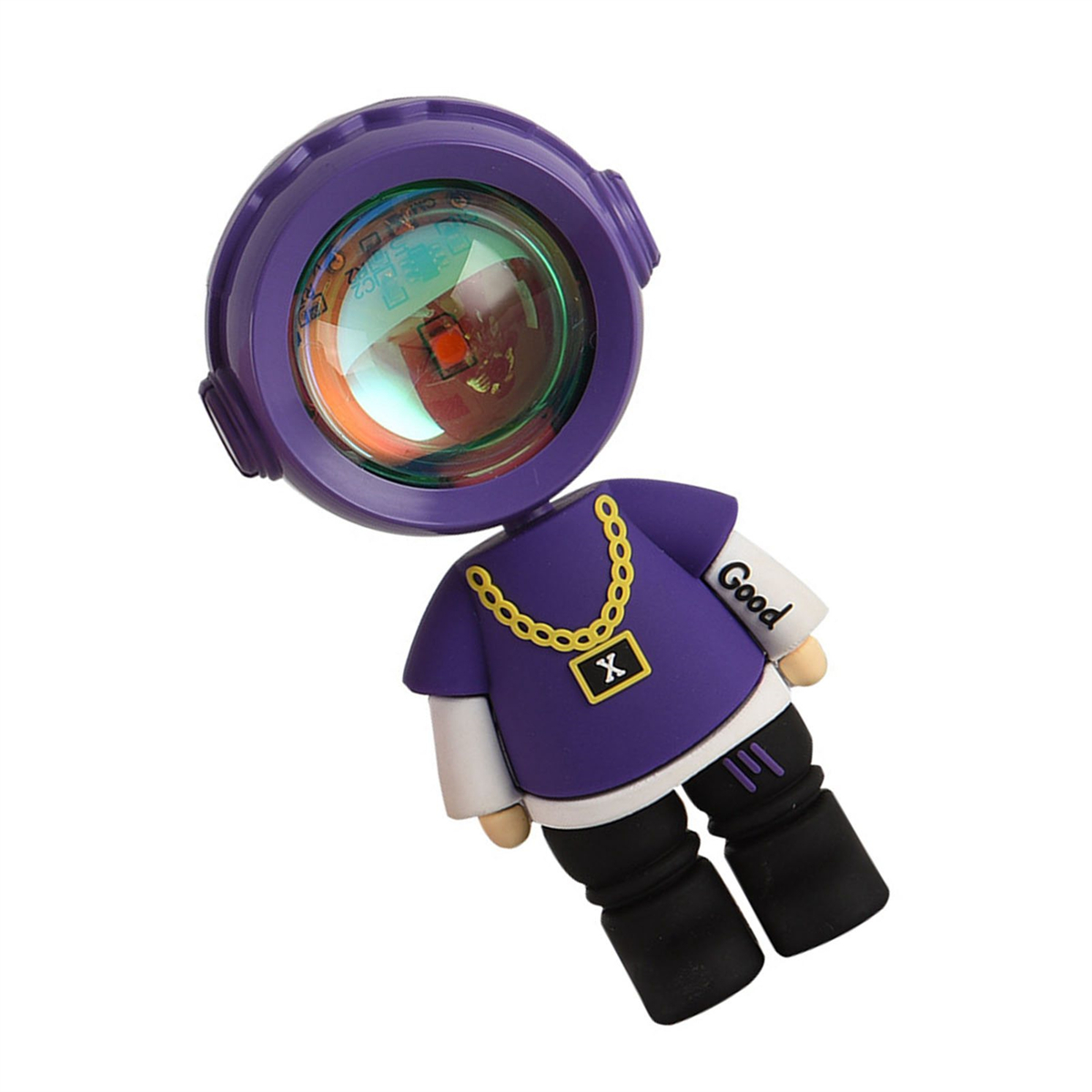 Eine lila Lampe in Form einer Zeichentrickfigur. Sie hat eine goldene Kette und ein T-Shirt.