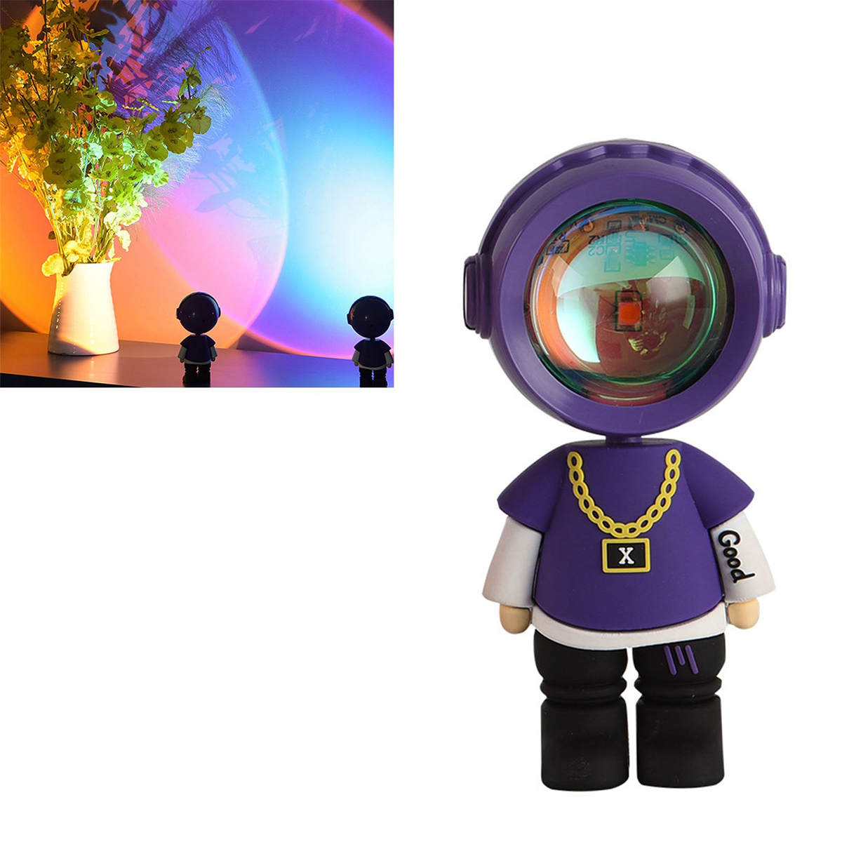 Roboterförmiger Projektor mit Regenbogenprojektion. Links eine Vase mit Blumen.