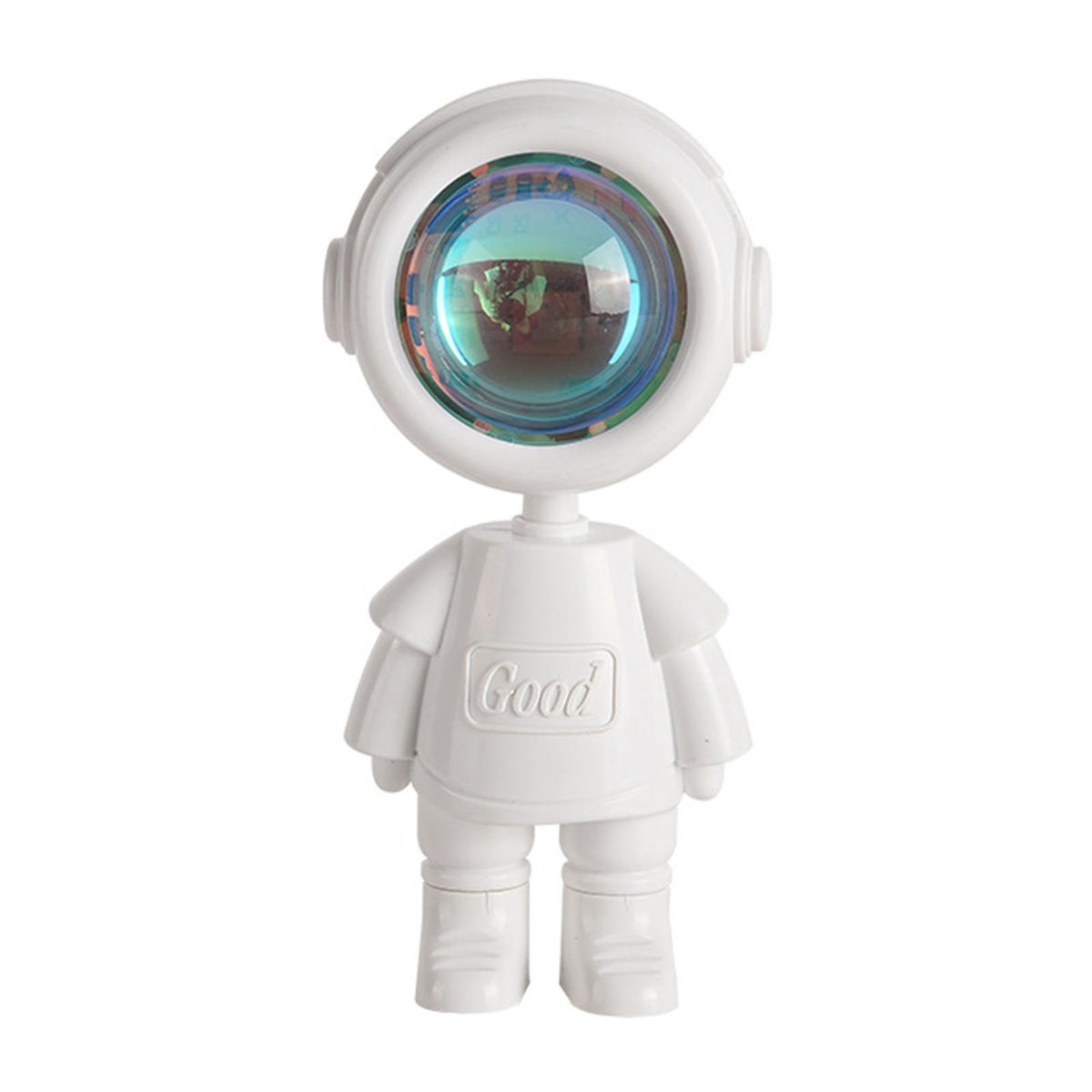 Weiße Astronautenlampe mit Projektionslinse. Weißer Hintergrund. Aufdruck: Good.