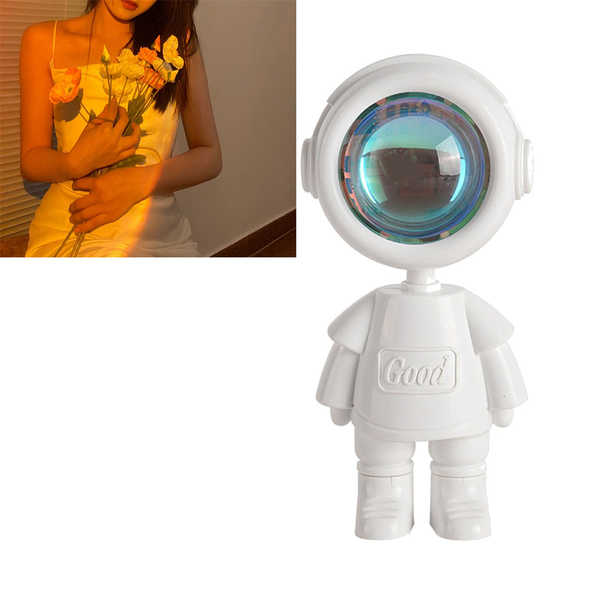 Weiße Astronautenlampe mit farbiger Linse. Eine Person hält im Hintergrund Blumen.