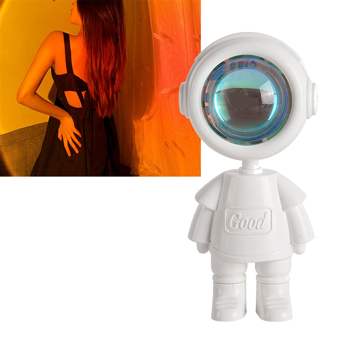 Astronautenlampe mit einer Frau bei orangem Licht.