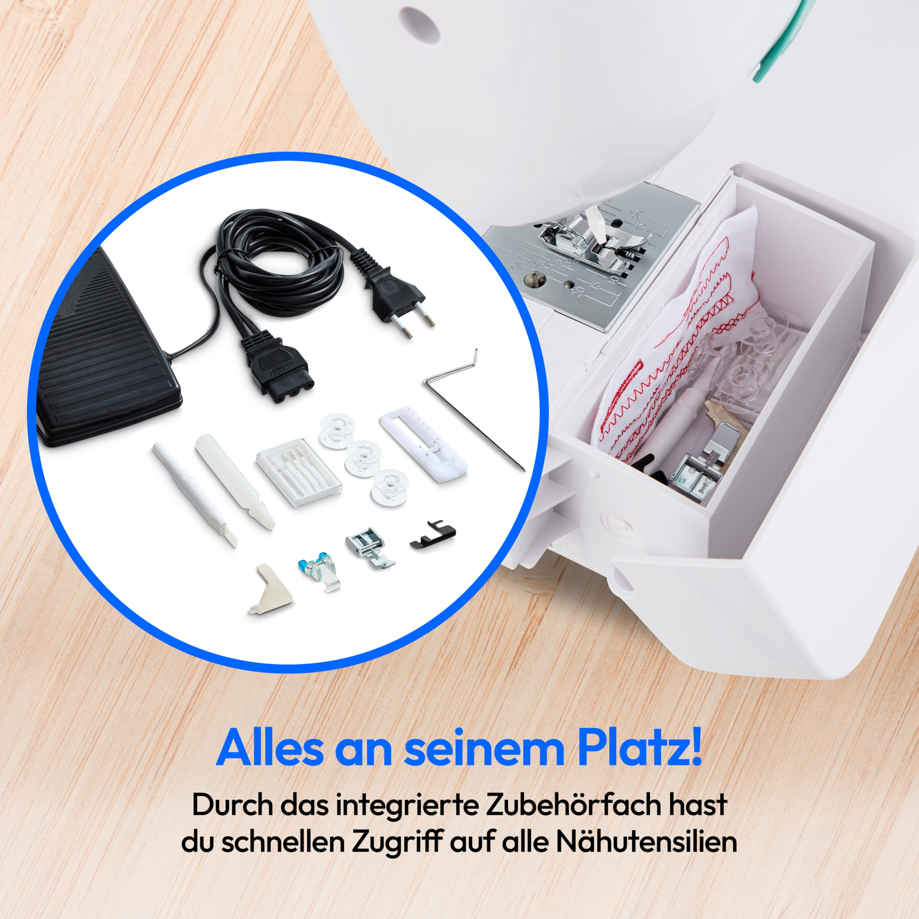 Maszyna do szycia z akcesoriami w szufladzie. Widoczny pedał, szpulki i igły.