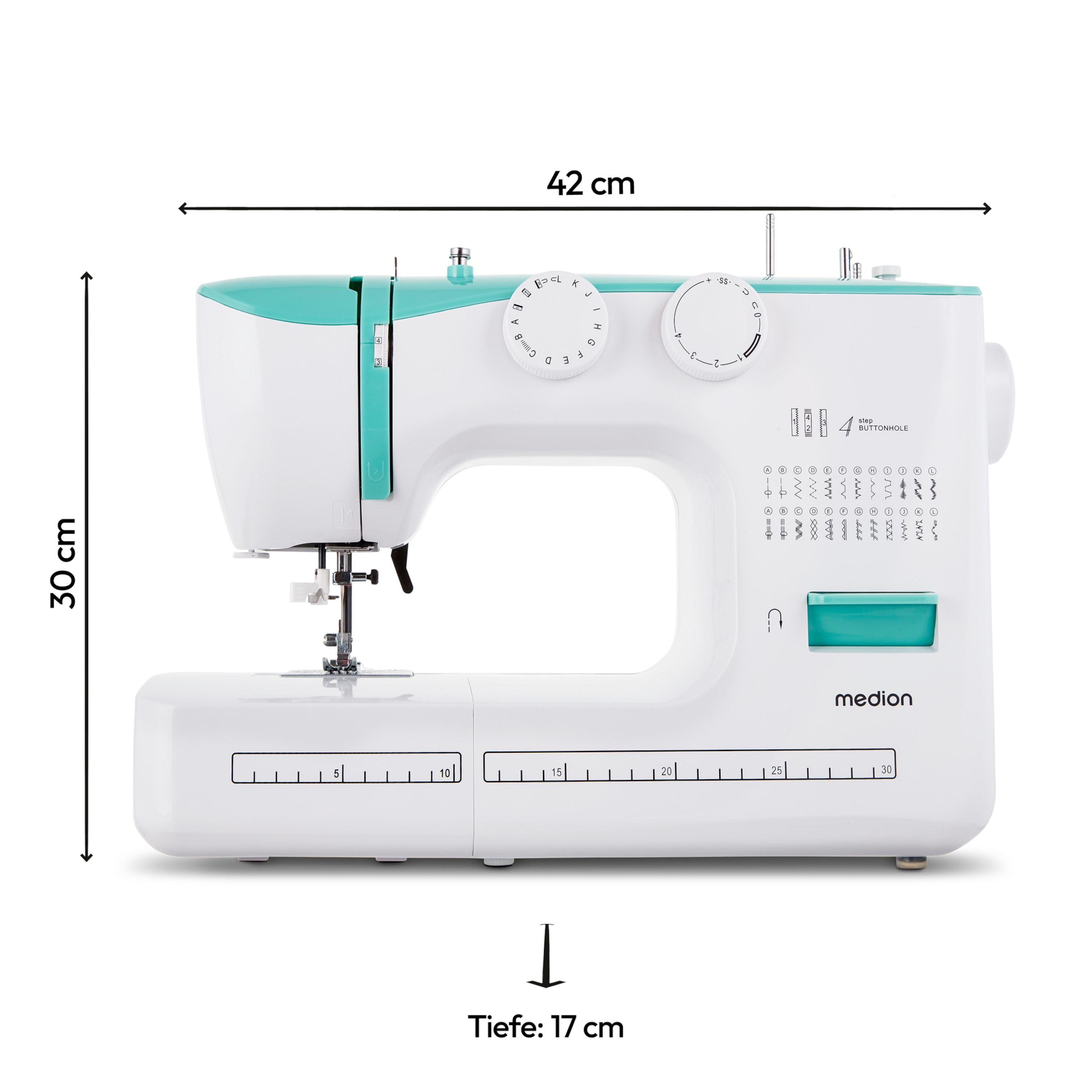 Biała i turkusowa maszyna do szycia z miarami i etykietami wymiarów na białym tle.