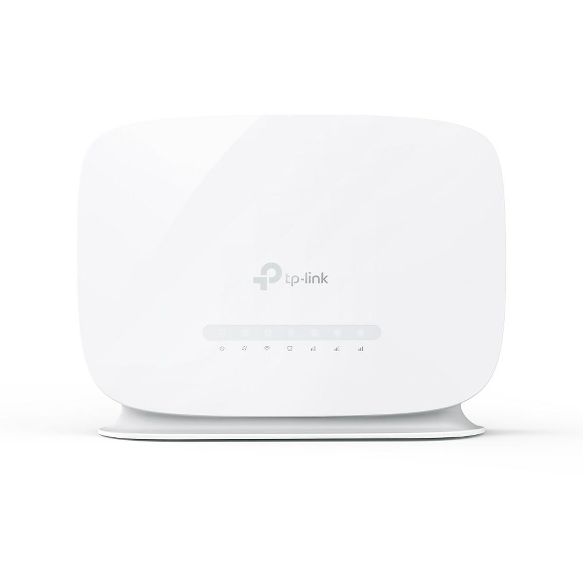 Biały router tp-link na białej powierzchni. Z przodu znajduje się kilka lampek kontrolnych.