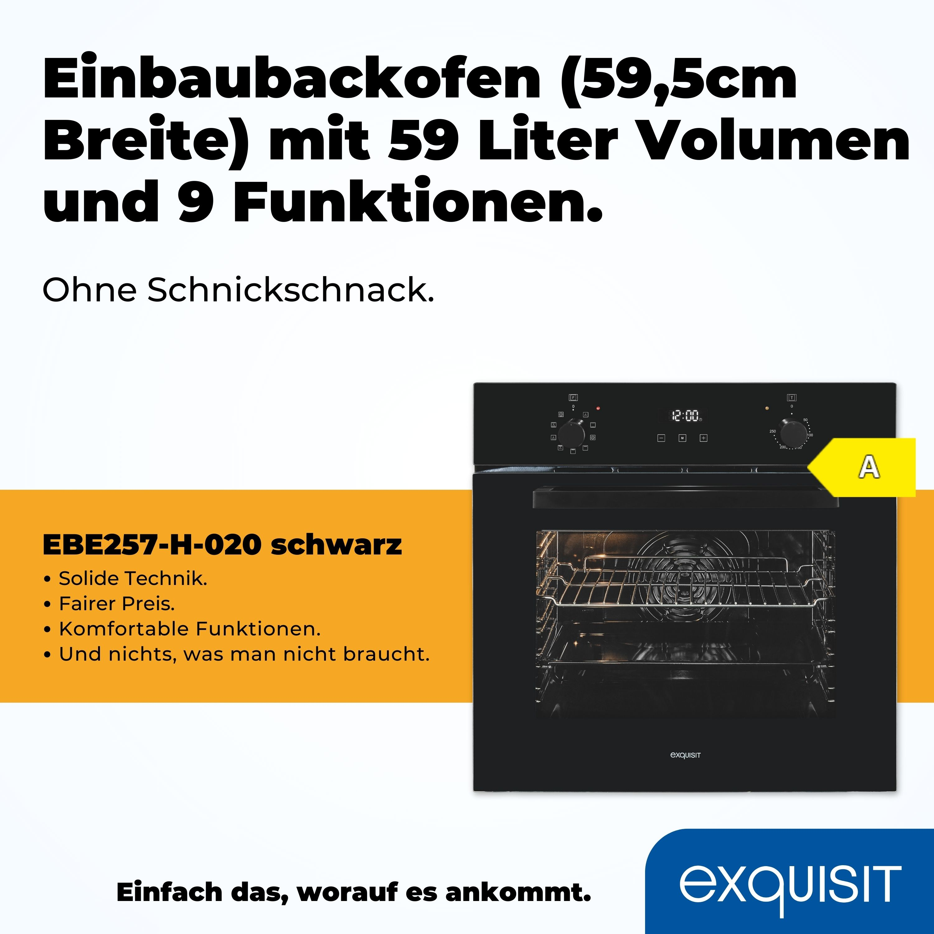 Schwarzer Einbaubackofen mit Display und Innenregalen. Text beschreibt Funktionen und Merkmale.