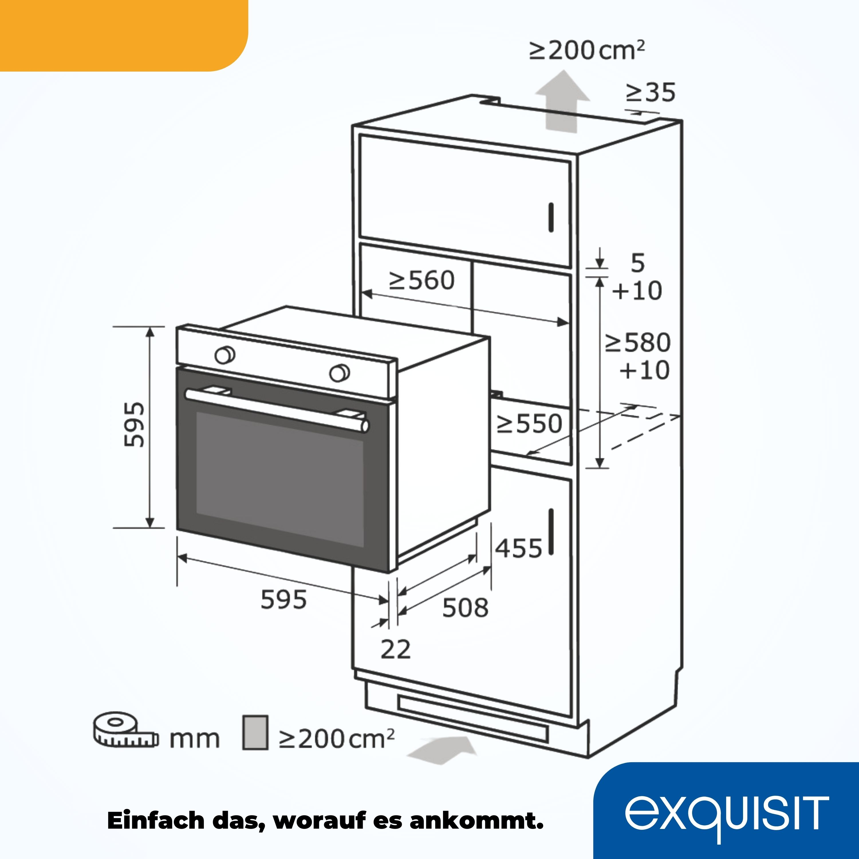 Eine technische Zeichnung eines Einbauofens und -schranks. Maße sind in Millimetern angegeben.