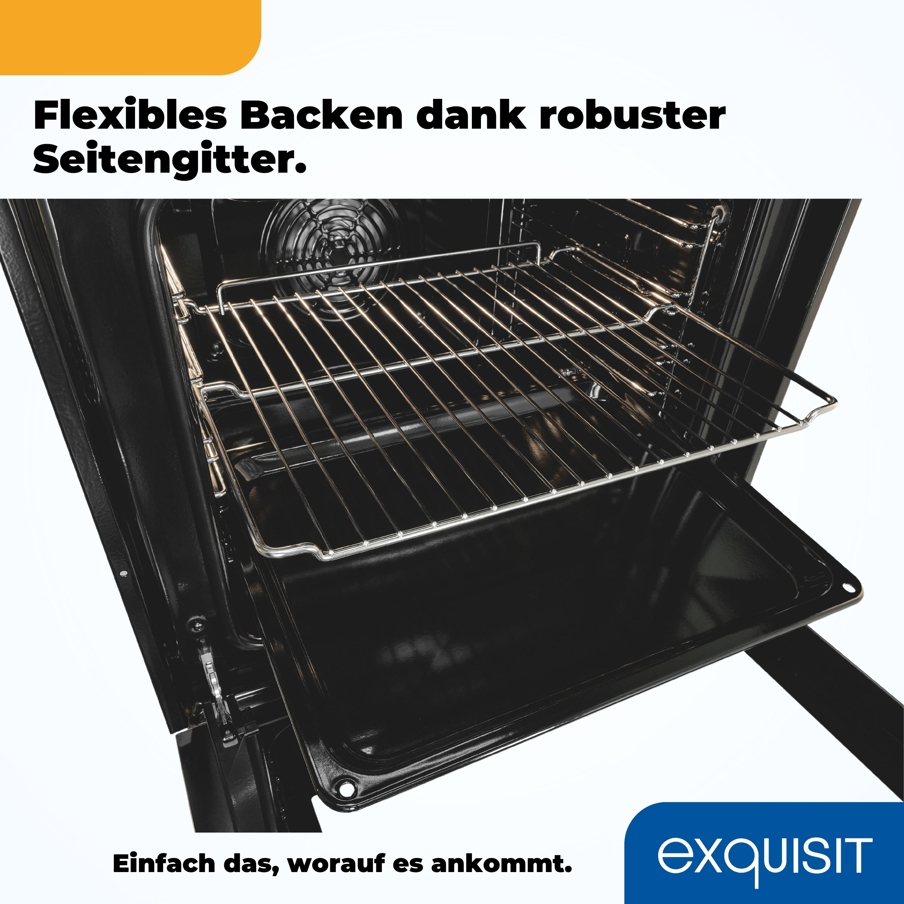Im Inneren eines Ofens mit Rost und Blech. Der Text darüber ist auf Deutsch.