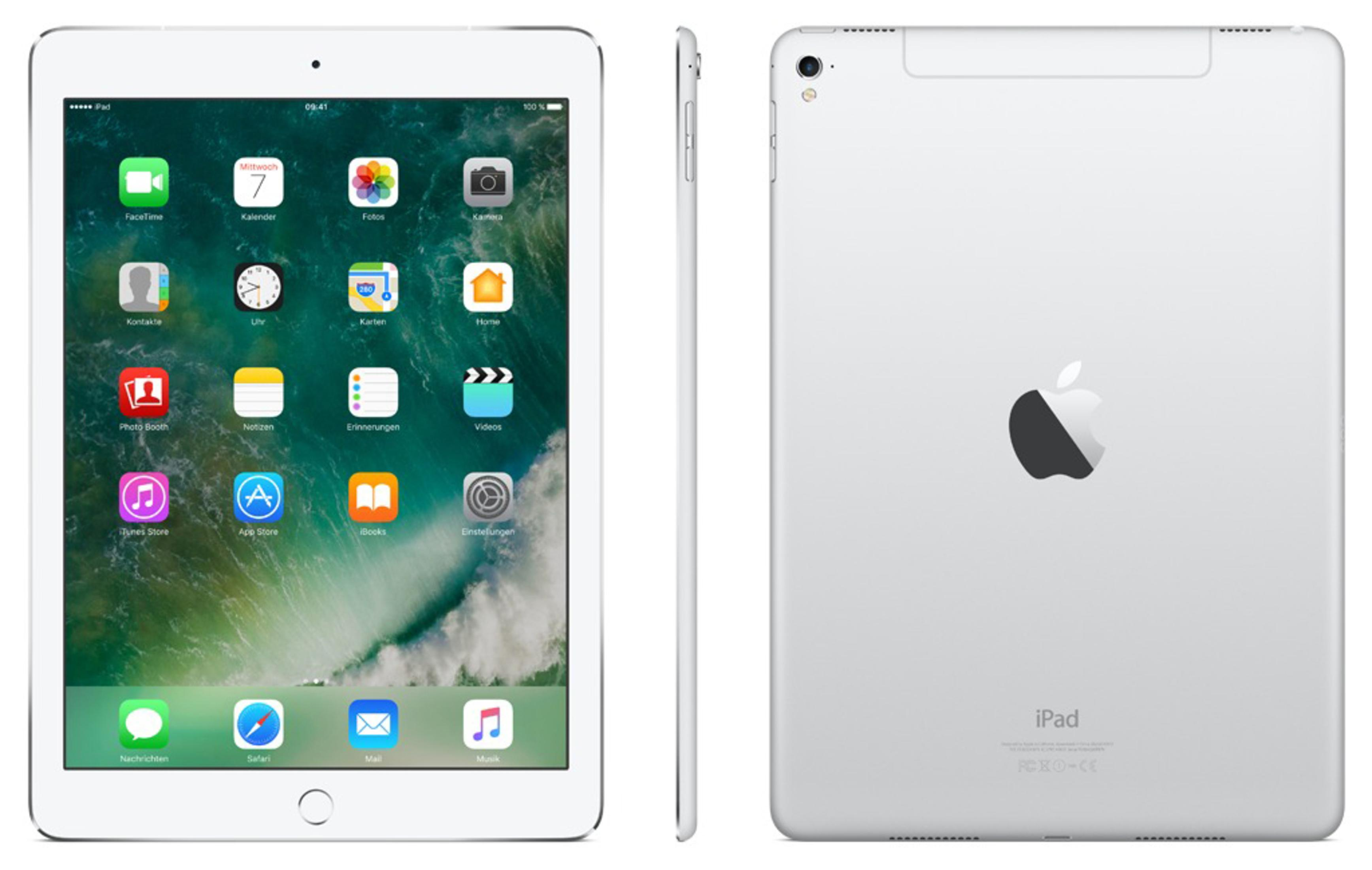 Zwei Ansichten eines silbernen iPads mit Apple-Logo.