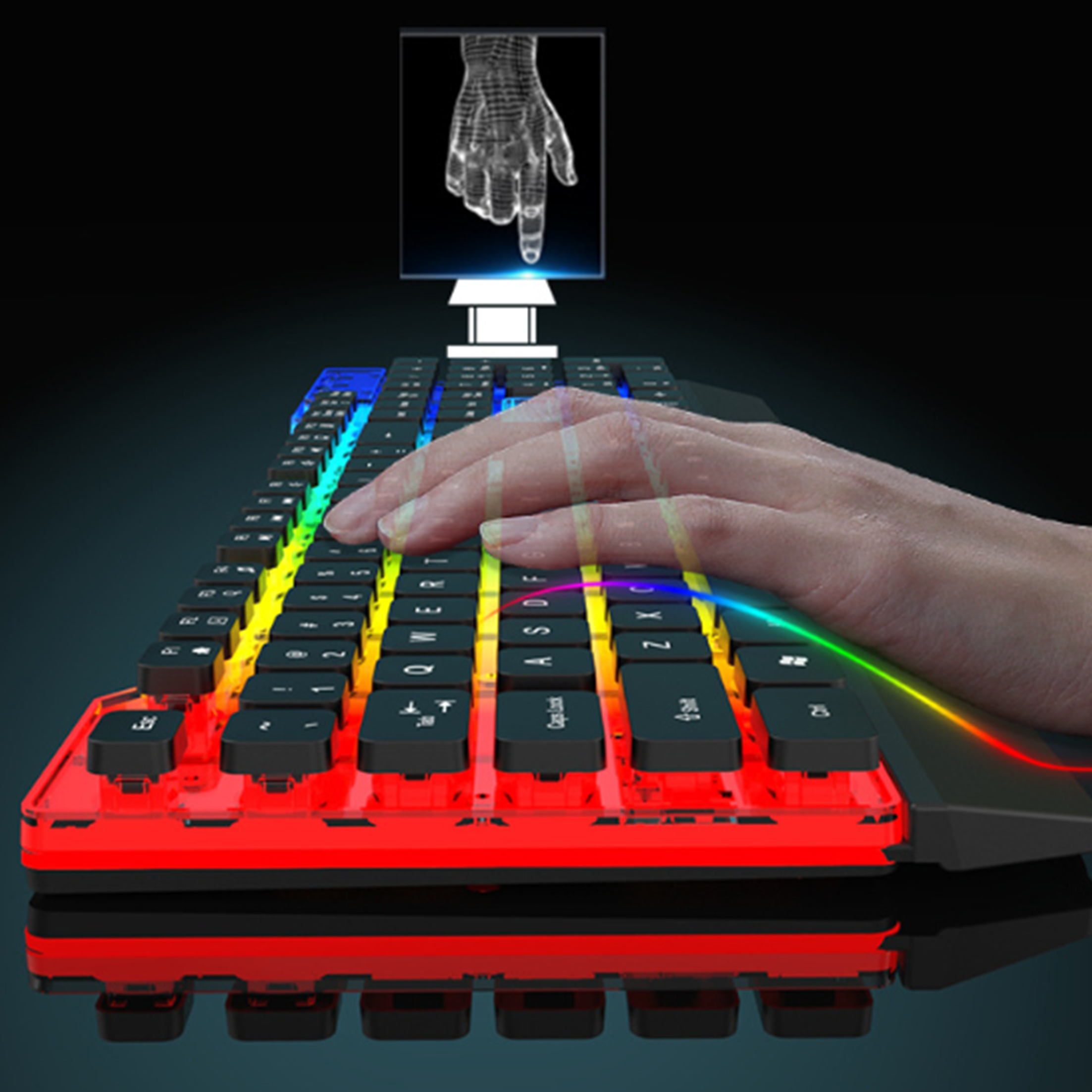 Eine hintergrundbeleuchtete RGB-Tastatur mit einer darüber schwebenden Hand. Über der Tastatur befindet sich ein Hand-Hologramm.