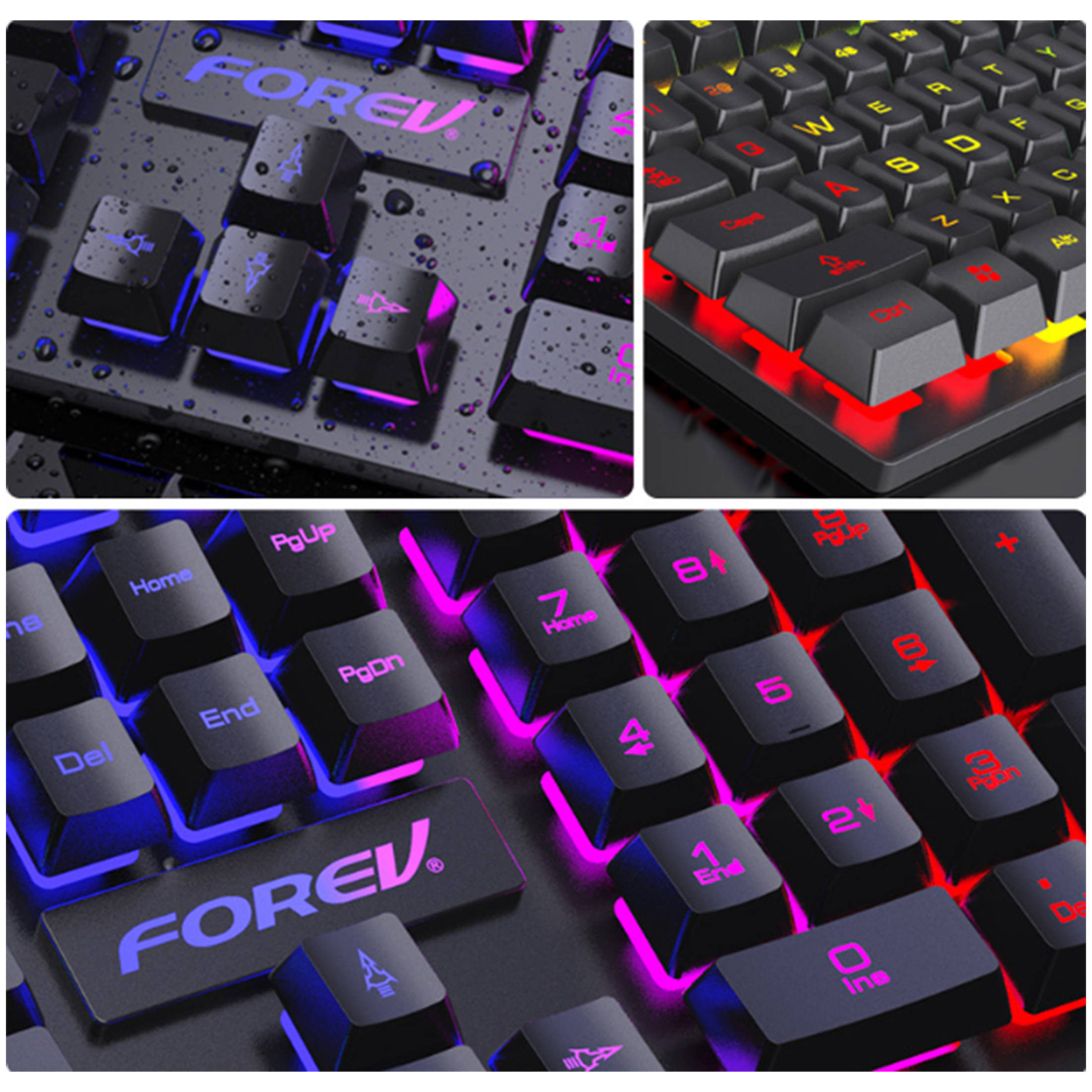 Eine Collage von Nahaufnahmen einer hintergrundbeleuchteten Tastatur mit bunten Tasten.