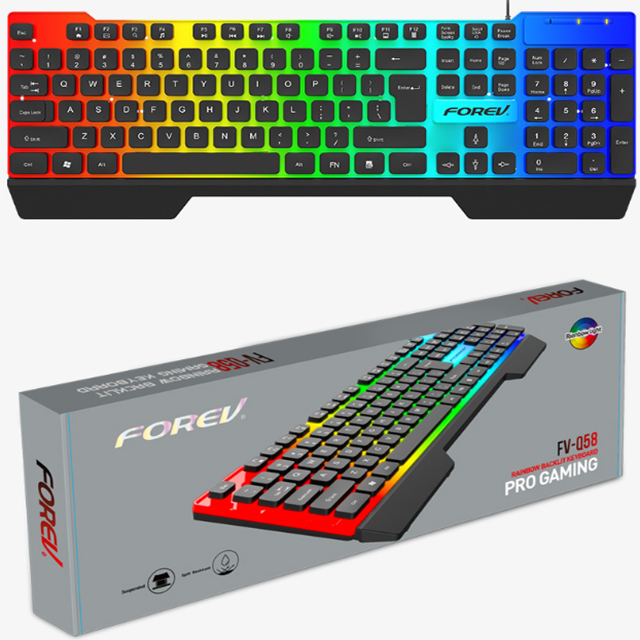 Tastatur mit Regenbogen-Tasten und einer Box. Die Box hat ein Tastaturbild.