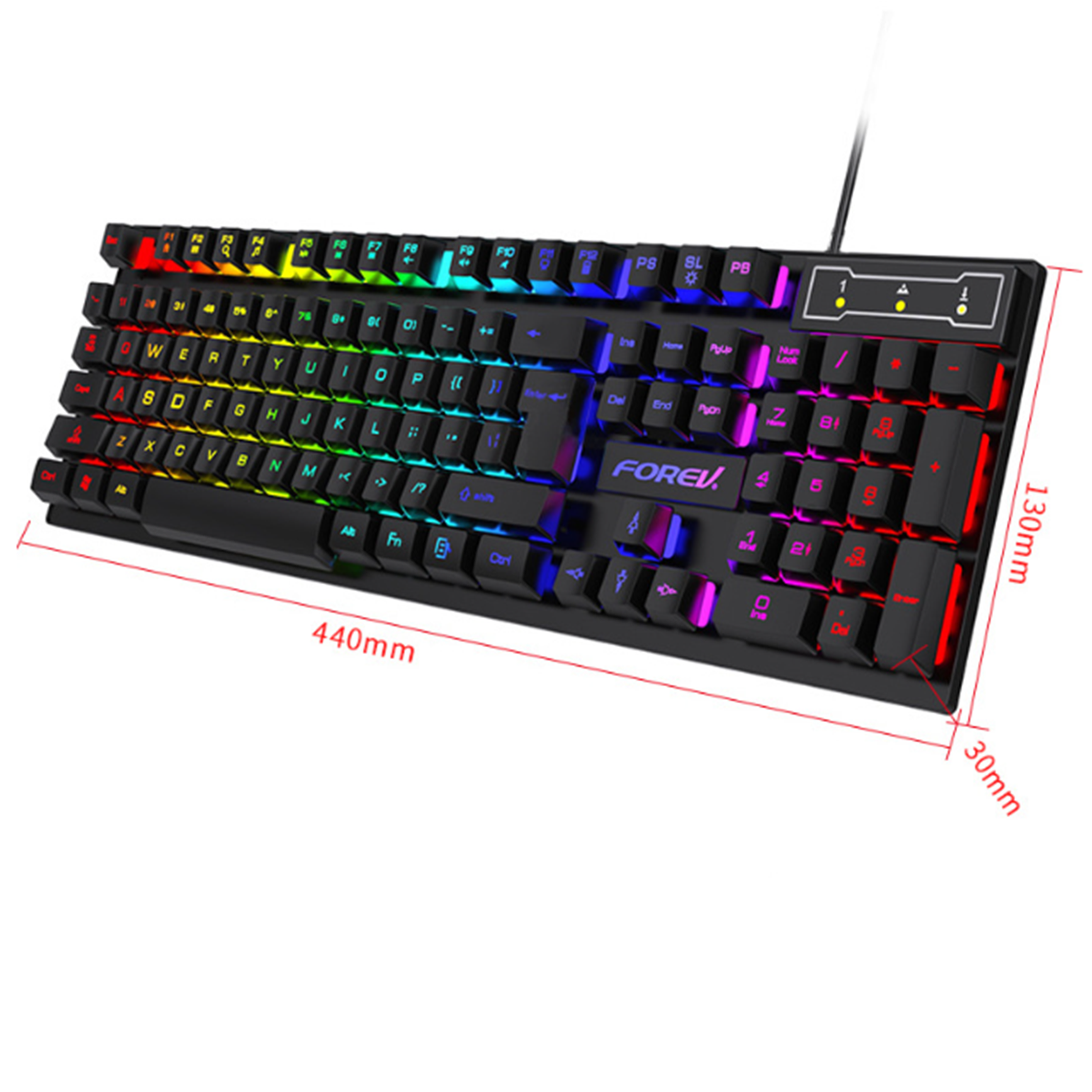 Schwarze, regenbogenfarbene Tastatur. Sie ist rechteckig mit Abmessungen. Buchstaben und Zahlen sichtbar.