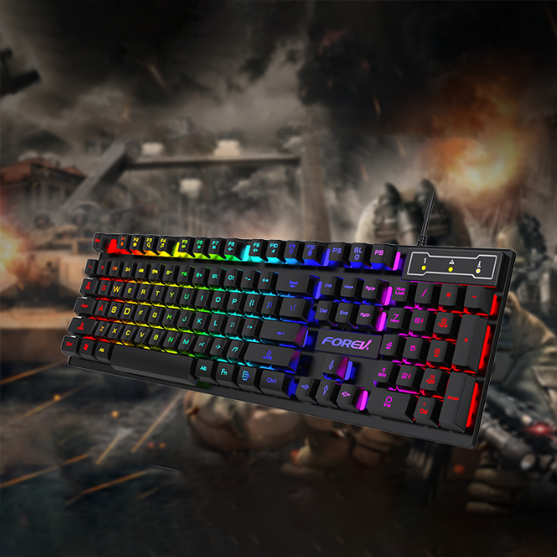 Hintergrundbeleuchtete Gaming-Tastatur mit mehreren Farben, mit verschwommenem Schlachtfeld-Hintergrund.