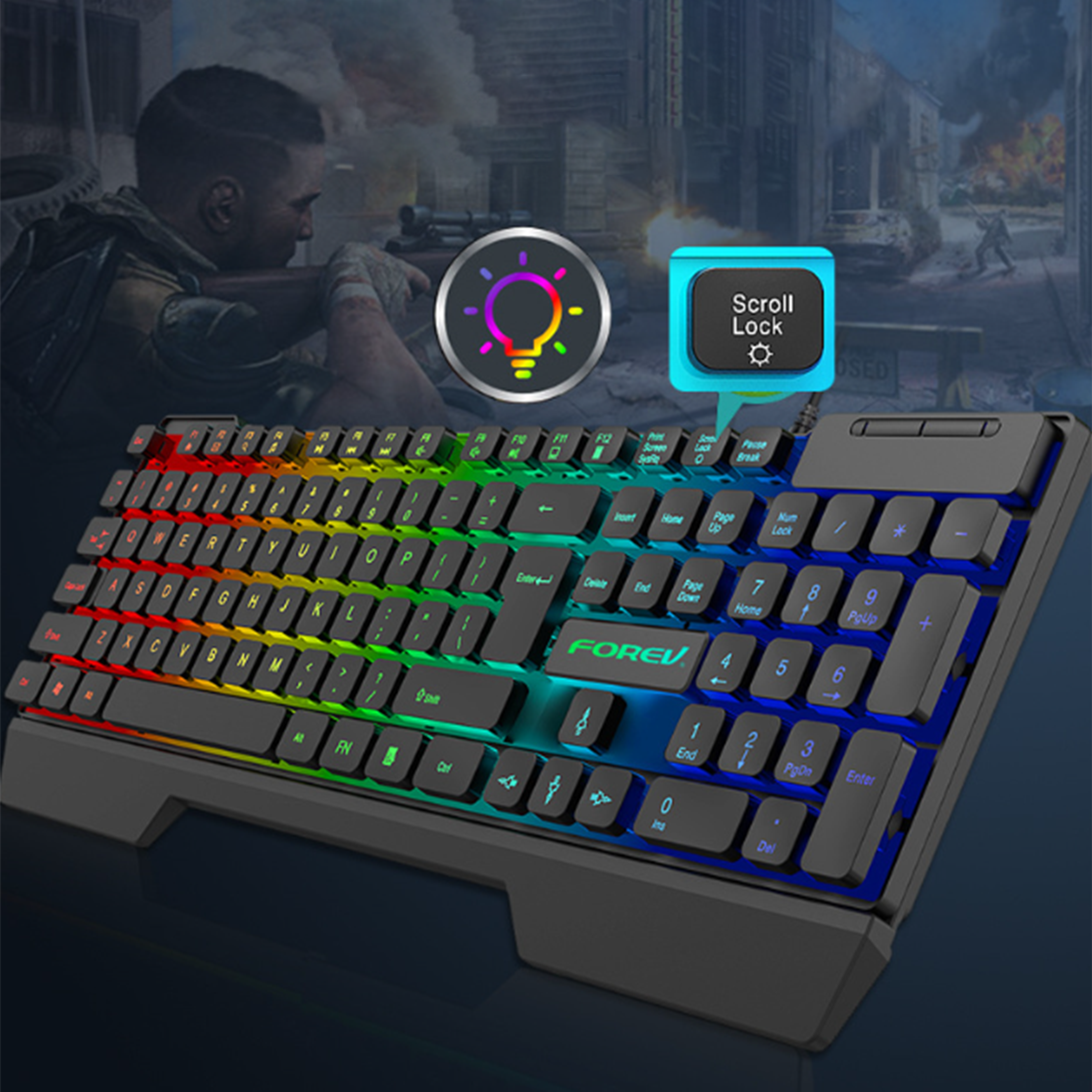 Gaming-Tastatur mit regenbogenfarbenen Tasten, Glühbirnensymbol und blauem Scroll-Lock-Symbol.