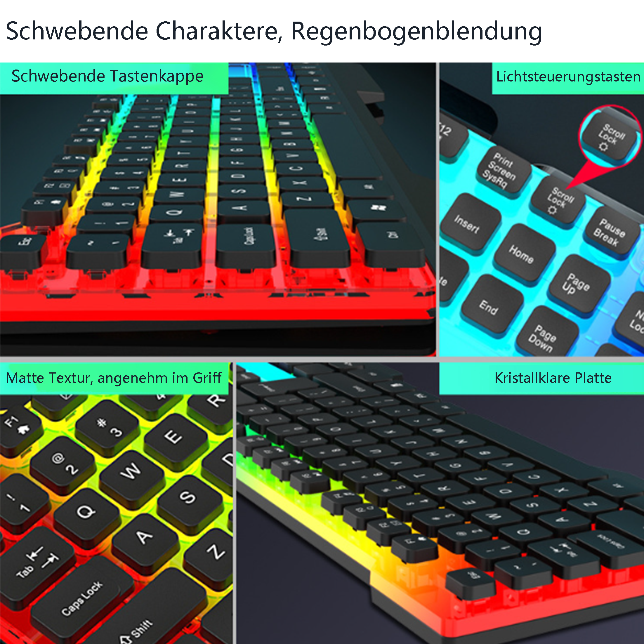 Tastatur mit farbwechselnden Tasten. Nahaufnahme von Tasten und Lichtsteuertasten.