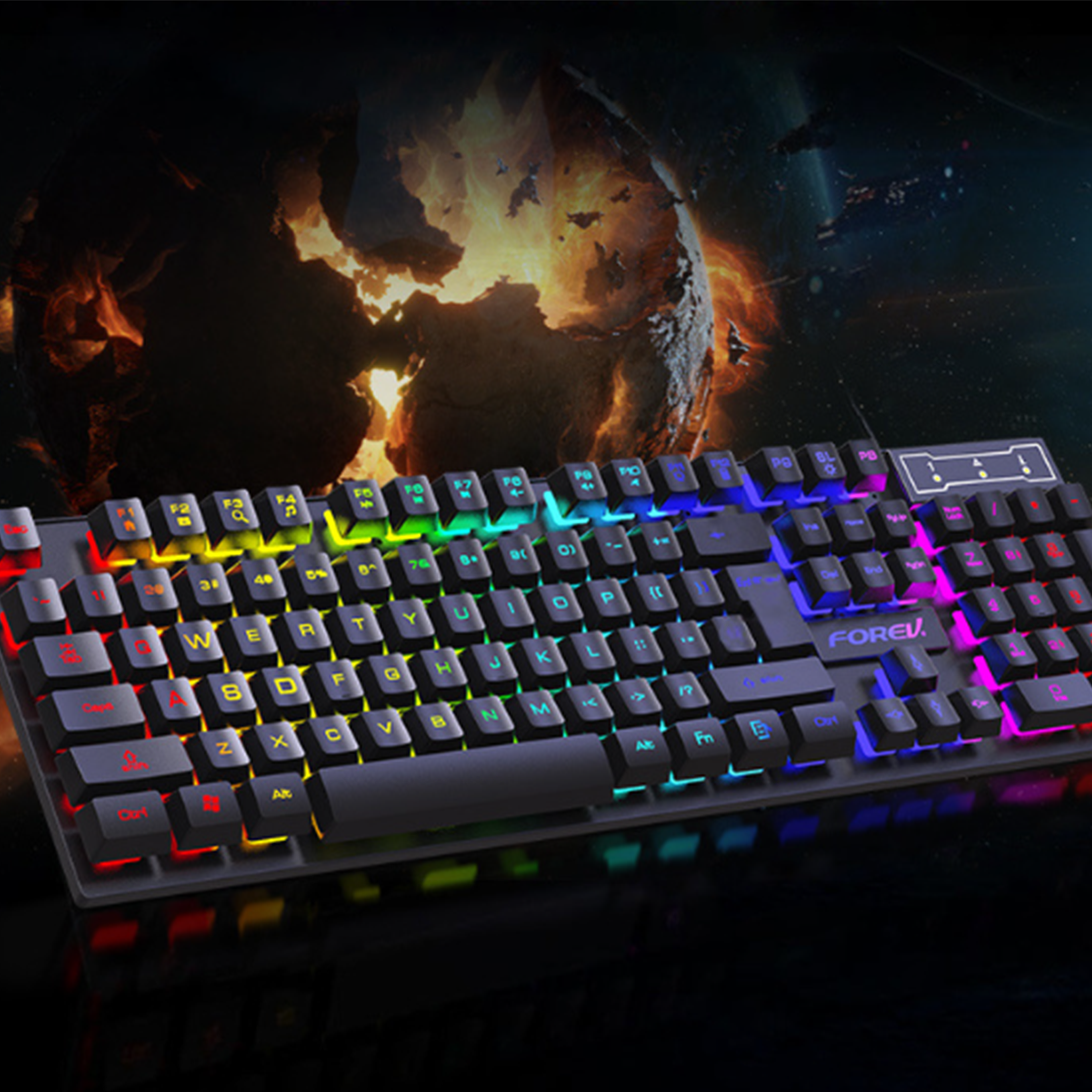 Eine hintergrundbeleuchtete Gaming-Tastatur mit mehrfarbigen Tasten. Die Tastatur hat einen schwarzen Körper.