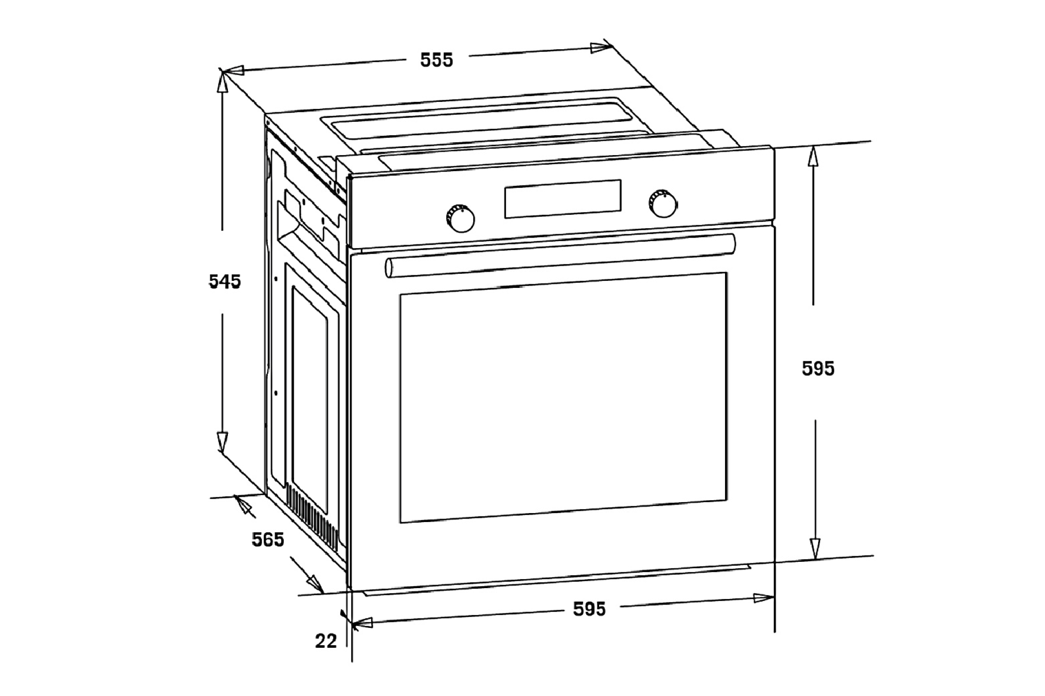 Een technische tekening van een oven. Het toont afmetingen in millimeters. De oven heeft een deur, bediening en een rechthoekige vorm.