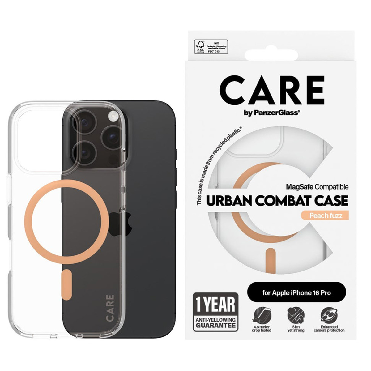 PANZERGLASS Flagship iPhone 16 Pro MagSafe Uyumlu Urban Combat Şeffaf-Şeftali Telefon Kılıfı Kılıf Şeftali