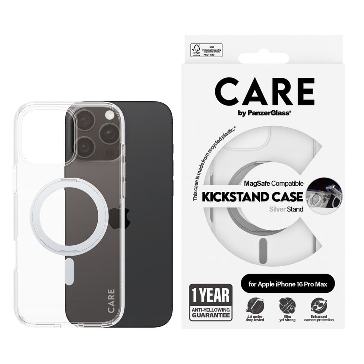 PANZERGLASS Feature w. Silver Kickstand CUSTODIA per Apple Apple - iPhone 16 Pro Max, Trasparente