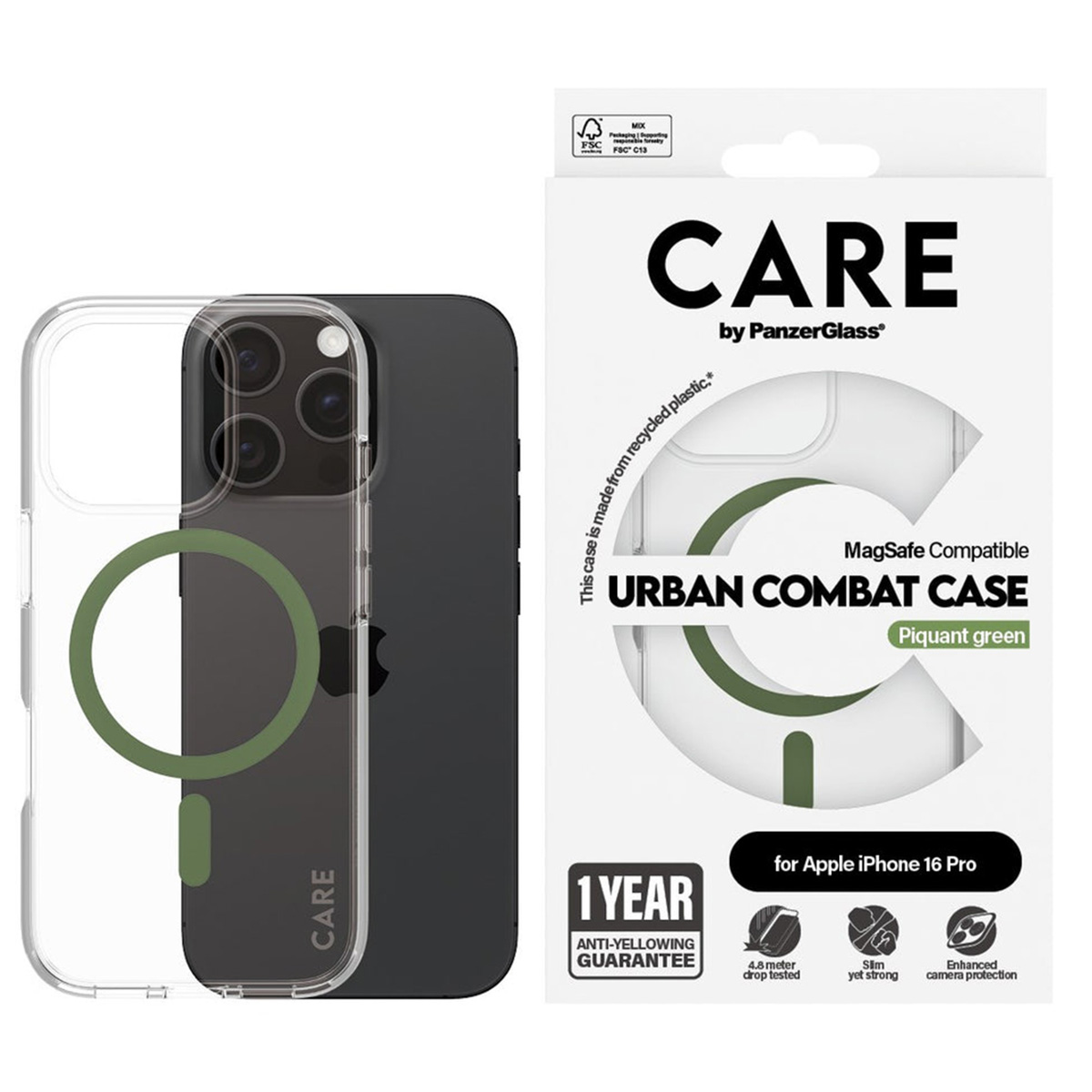 PANZERGLASS CARE by PanzerGlass® Flagship Case Transparent Urban Combat Grün MagSafe für iPhone 16 Pro, Backcover, Apple, iPhone 16 Pro, Grün