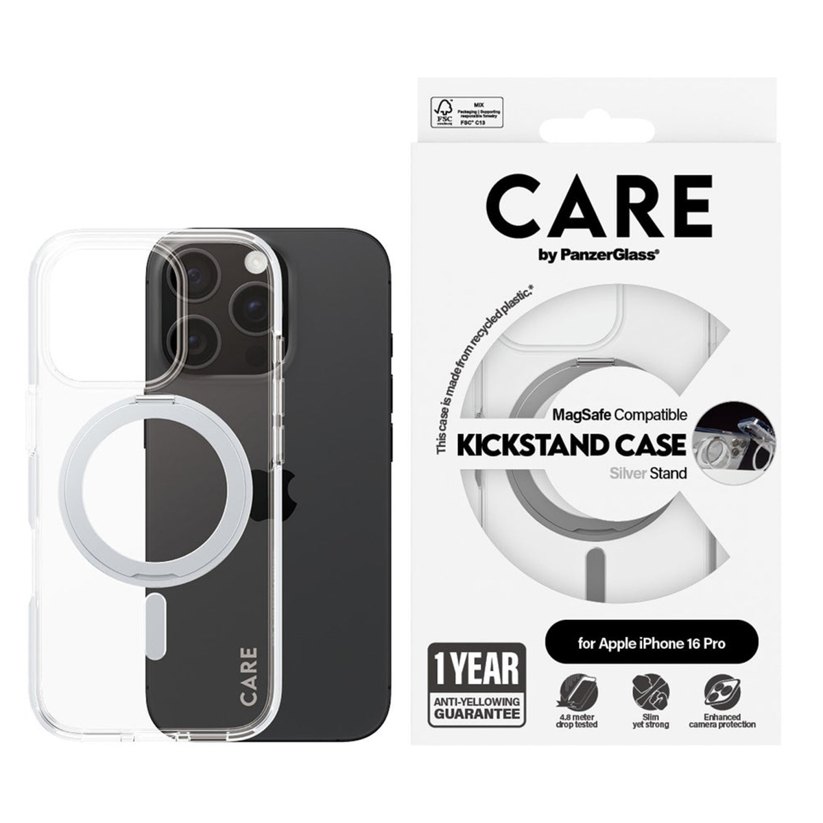 PANZERGLASS Feature iPhone 16 Pro MagSafe Uyumlu Şeffaf Gümüş Ayaklı Telefon Kılıfı Kılıf Transparan