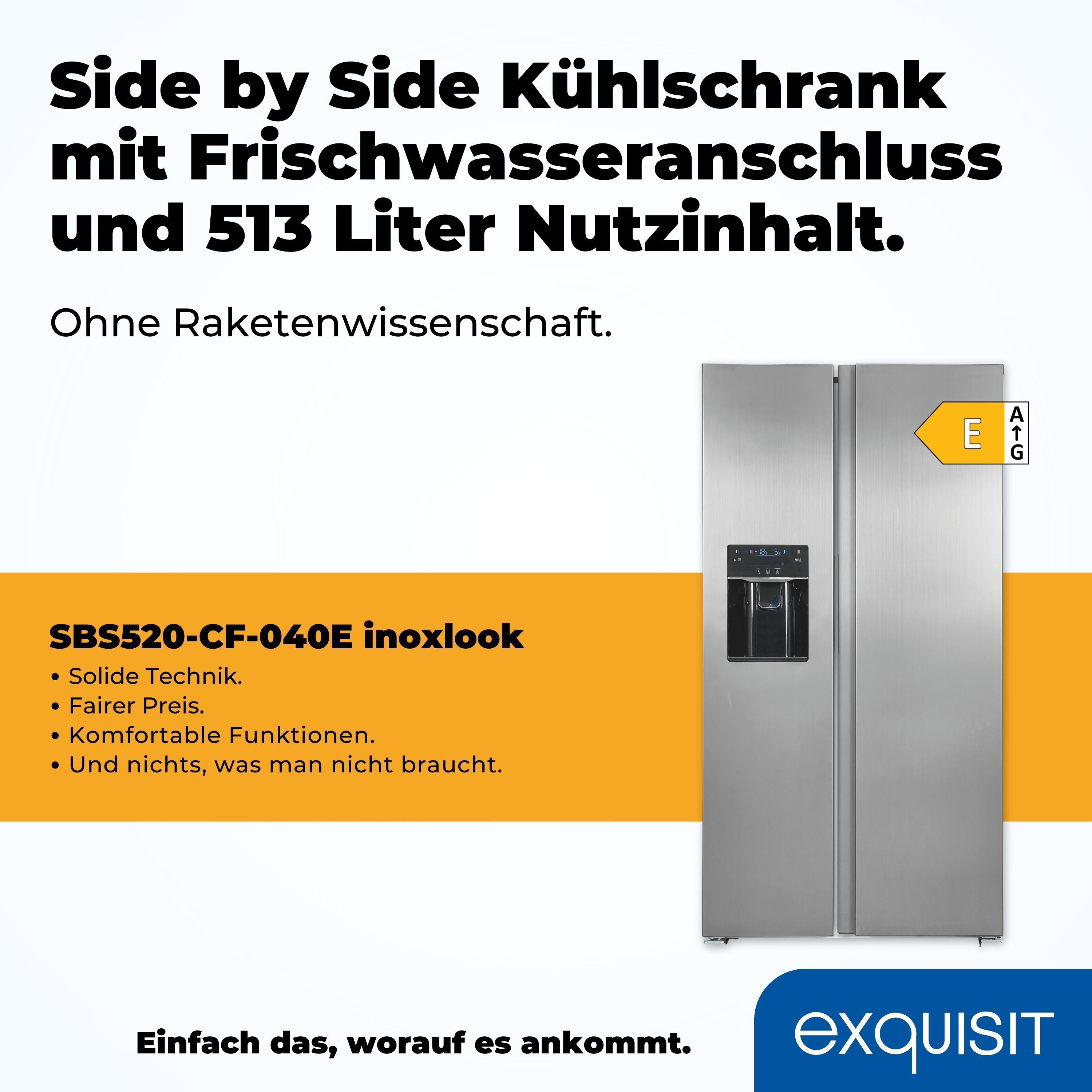 Edelstahl Side-by-Side Kühlschrank. Er hat einen Wasserspender und ein Energielabel.