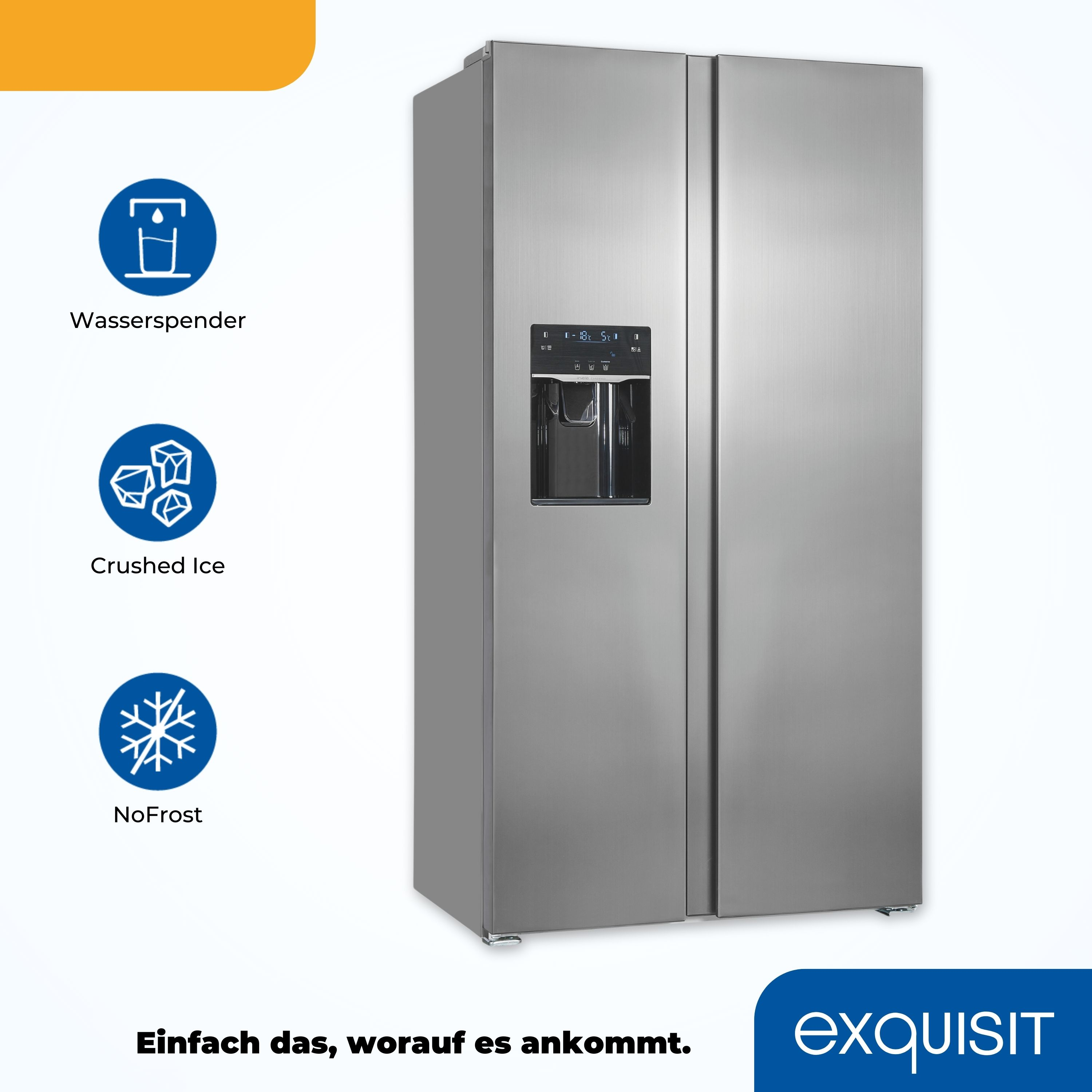 Ein Edelstahlkühlschrank mit Wasserspender, Eiswürfeln und No-Frost-Symbolen.