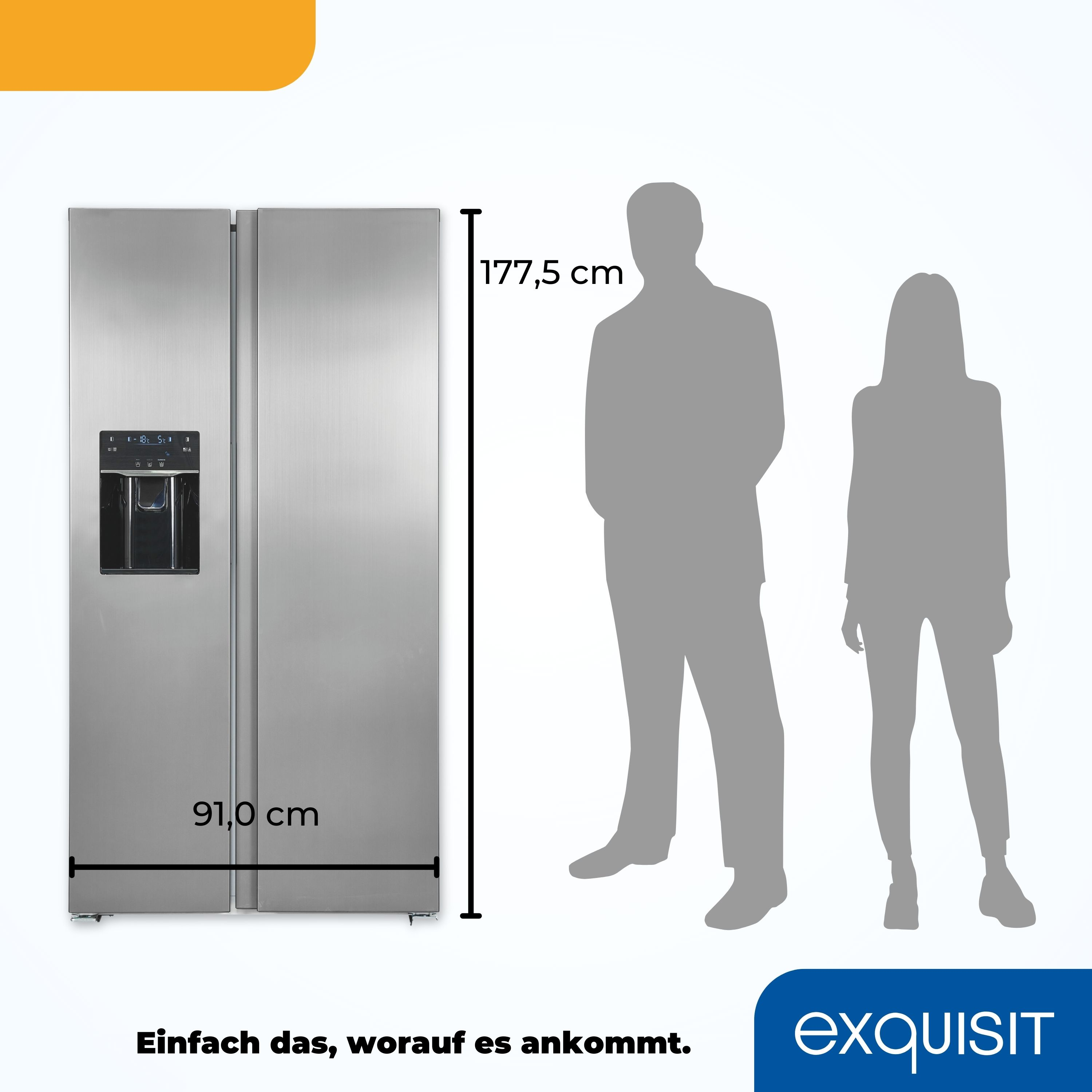 Ein Kühlschrank aus Edelstahl steht neben einer Silhouette eines Mannes und einer Frau.