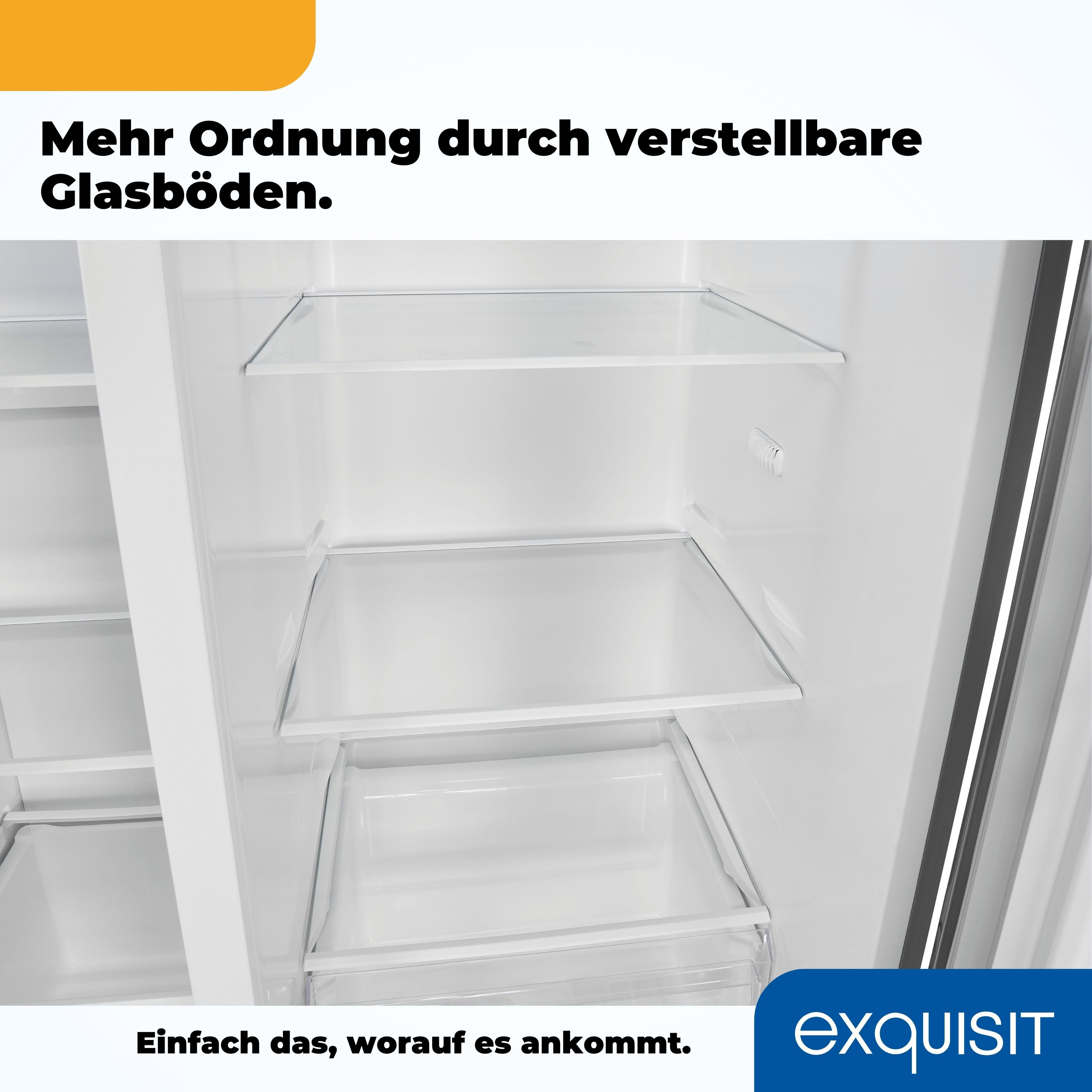 Kühlschrankinnenraum mit Glasböden, der Stauraum und Designmerkmale zeigt.