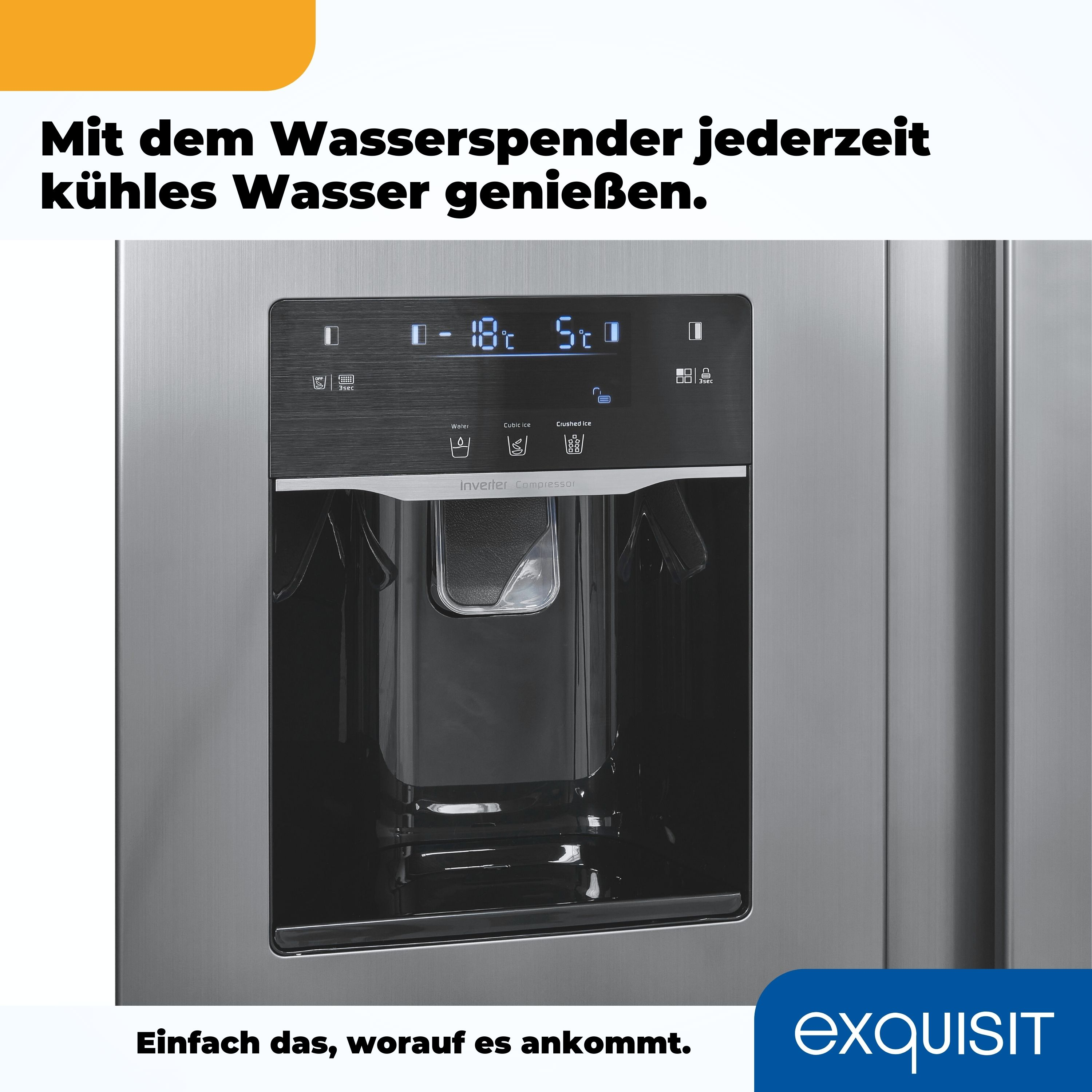 Nahaufnahme eines Kühlschrank-Wasserspenders. Zeigt eine Digitalanzeige und den Ausgabebereich.