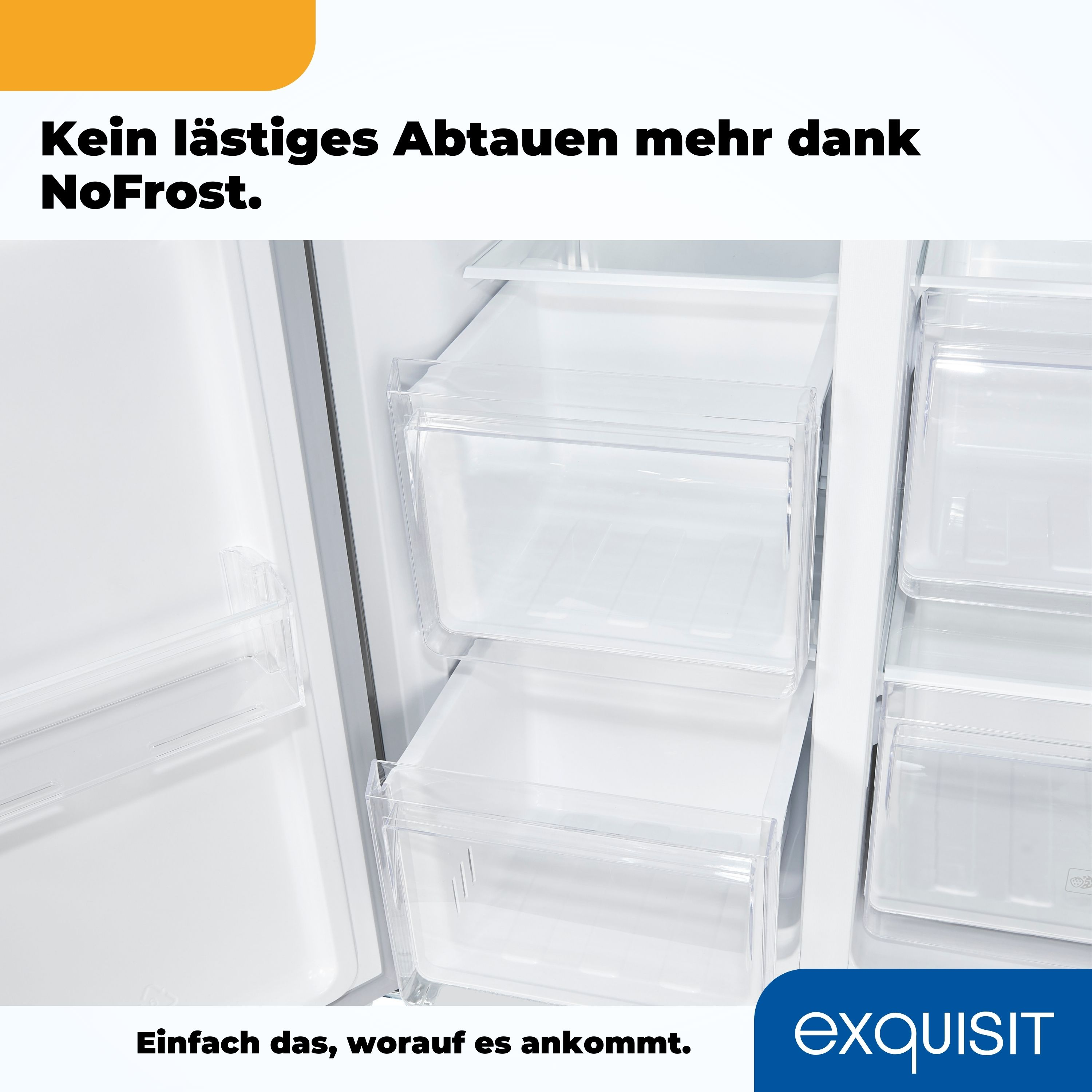 Kühlschrankinnenraum mit Schubladen. Text: NoFrost. Unten: Einfach, worauf es ankommt. Markenlogo: Exquisit.
